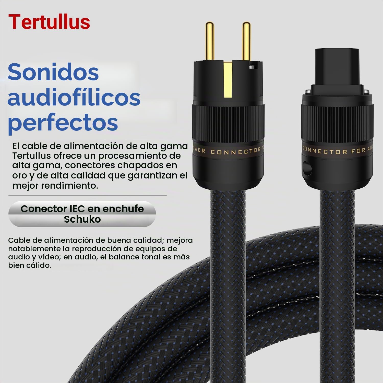 Tertullus Cable de alimentación HiFi de 1 m con Schuko, 3 núcleos con 3,5 mm², cable de alimentación de alta gama para aplicaciones de audio