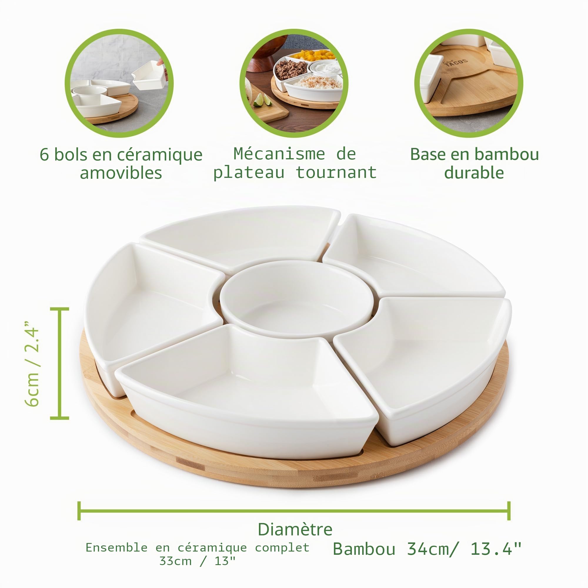 Plateau Aperitif en Céramique, Plateau Tournant Compartimenté pour Collation Tacos Lazy Susan – Ensemble Plateau de Service Apero pour Les Entrées et Desserts de fête, Salsa (33 cm)