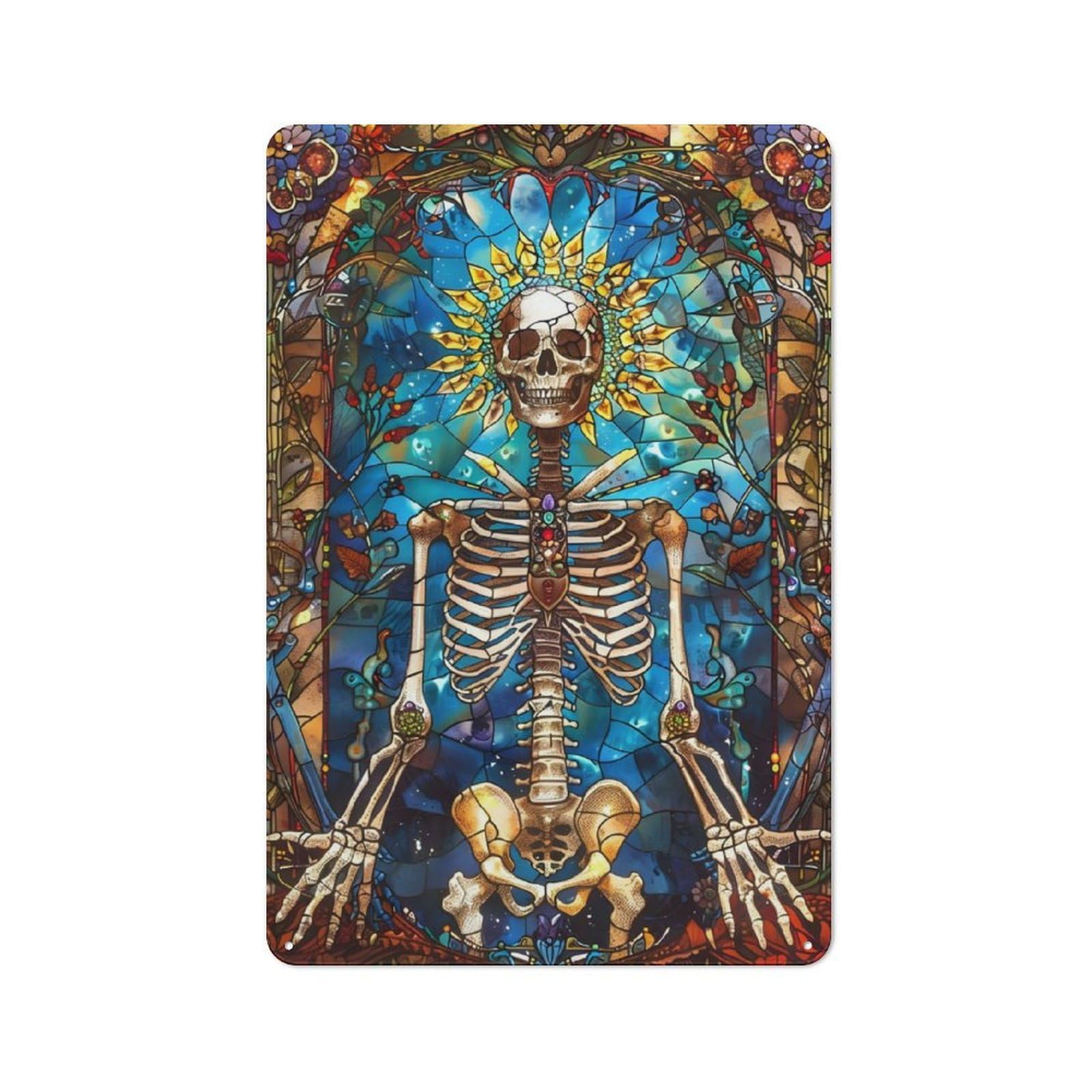 Junmoney Skeleton Stained Glass Vintage Metal Sign 30X20cm For Workshop Wall, With Clear Vintage Wall Decor Character
