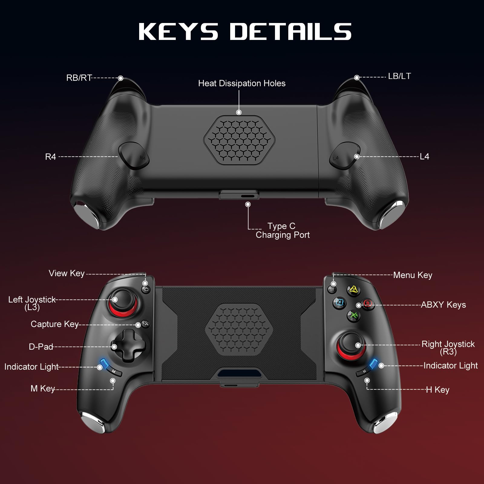 Gamepad wireless per iPhone/Android/PC/Switch, controller di gioco Bluetooth per PS Remote Play, Xbox Cloud, Steam Link, MFi Arcade Games – con joysticks/Hall Trigger/Turbo/Back Key