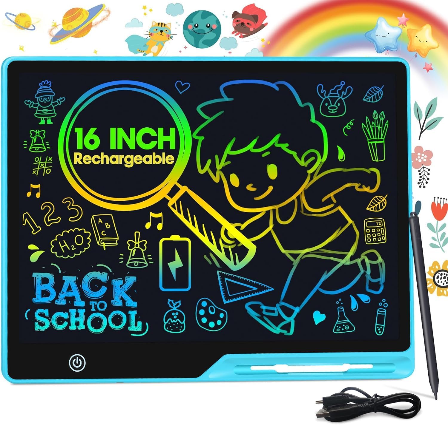 POPERFUN LCD Writing Tablet for Kids, Rechargeable Drawing Pad 16 Inch Colorfuls Doodle Board, Kids Educational Toys for Ages3 4 5 6 7 8 Christmas Easter Gifts for Girls Boys Adults in Light Blue