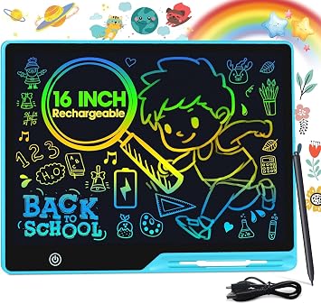 POPERFUN LCD Writing Tablet for Kids, Rechargeable Drawing Pad 16 Inch Colorfuls Doodle Board, Kids Educational Toys for Ages3 4 5 6 7 8 Christmas Easter Gifts for Girls Boys Adults in Light Blue