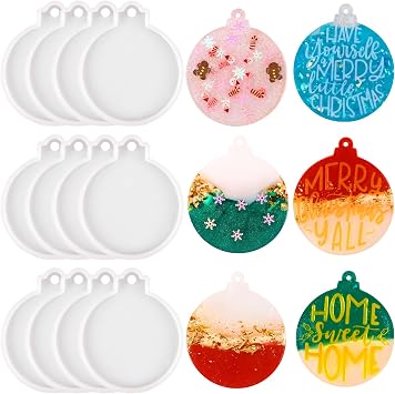 Vellibring 12pcs Christmas Silicone Resin Molds - White Round Shape Epoxy Ornament Molds for Tree Decorations, DIY Craft, Keychain and Pendant Making