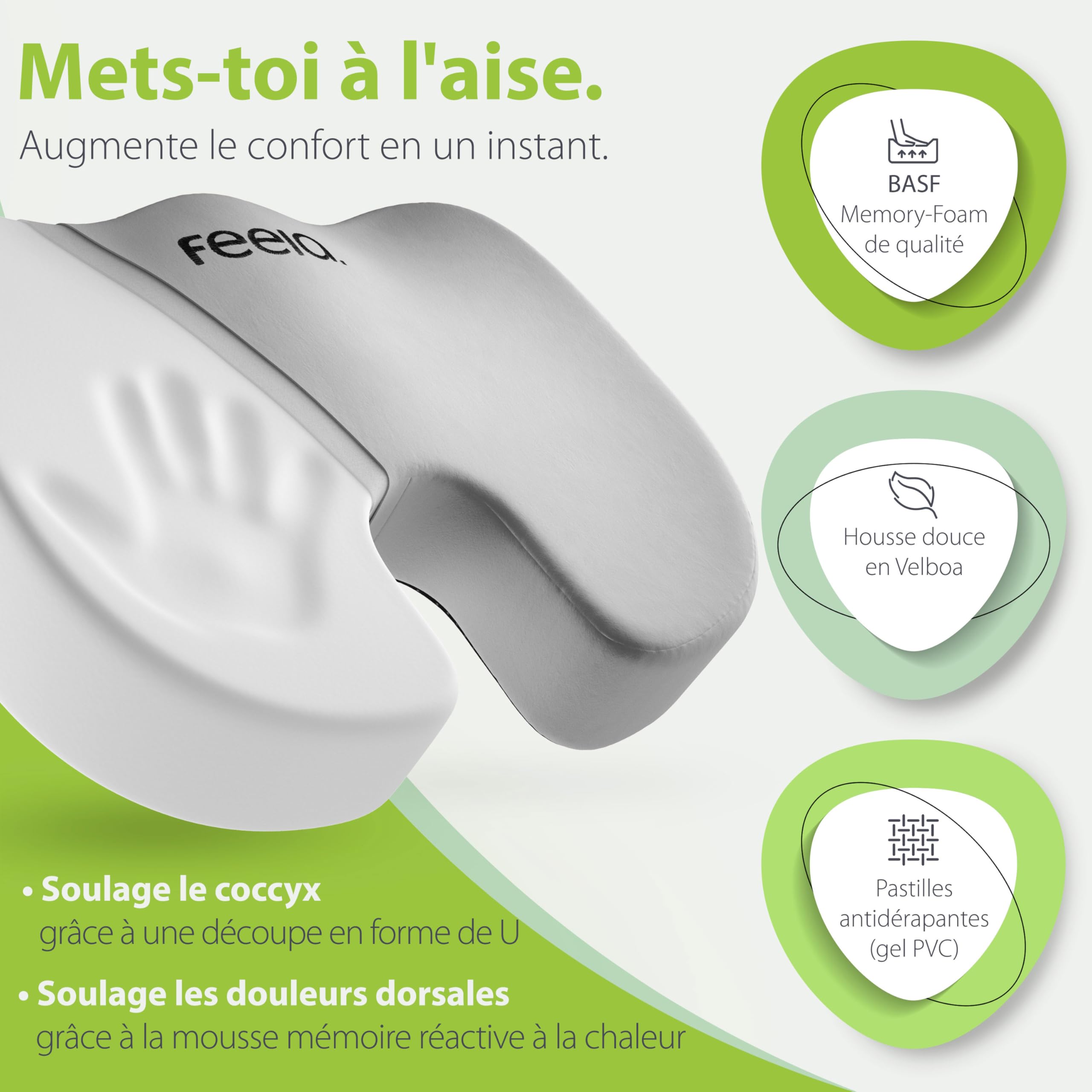 feela.® Coussin de siège orthopédique [3 degrés de dureté] – Coussin de siège Ergonomique pour Chaise de Bureau, etc. – Réduit la Douleur, améliore Le Confort d'assise et soulage Le Coccyx (Moyen)