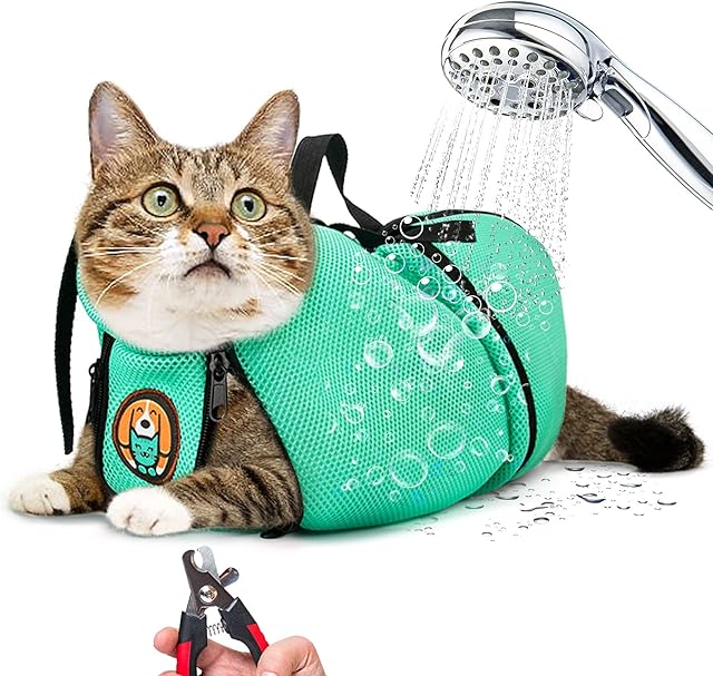 AWOOF Cat Grooming Bag, Adjustable Cat Bathing Bag Durable Anti Scratch & Bite Cat Shower Net Bag for Bathing Ear Cleaning Nail Trimming