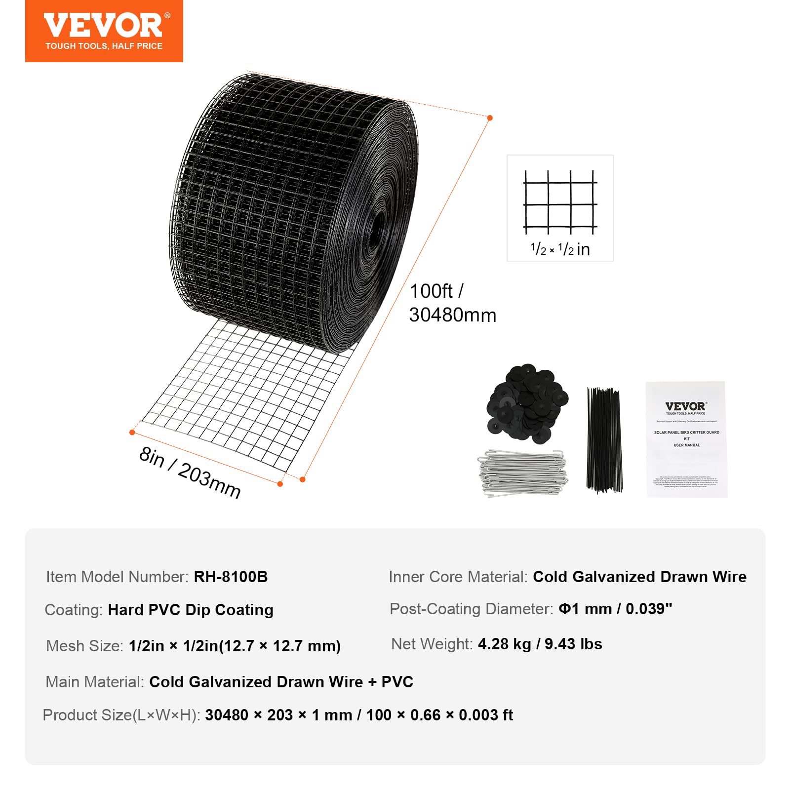 VEVOR Vogelschutz für Solarmodule, 20,3 x 30,5 m, Taubenabwehr Solaranlagengitter mit 100 Aluminiumlegierung-Verschlüssen, Solarmodul-Schutz mit rostfreier PVC-Beschichtung, 12 mm Quadratgitter