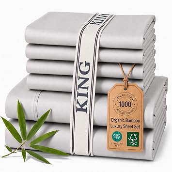 Therapedic Luxury Viscose derived from Bamboo, 1000 Thread Count 6 Piece King Sheet Set, FSC Certified, 16" Deep Pocket, Bonus Pillowcases & Organiser Band, Cooling Sheets for Hot Sleepers, Light Grey
