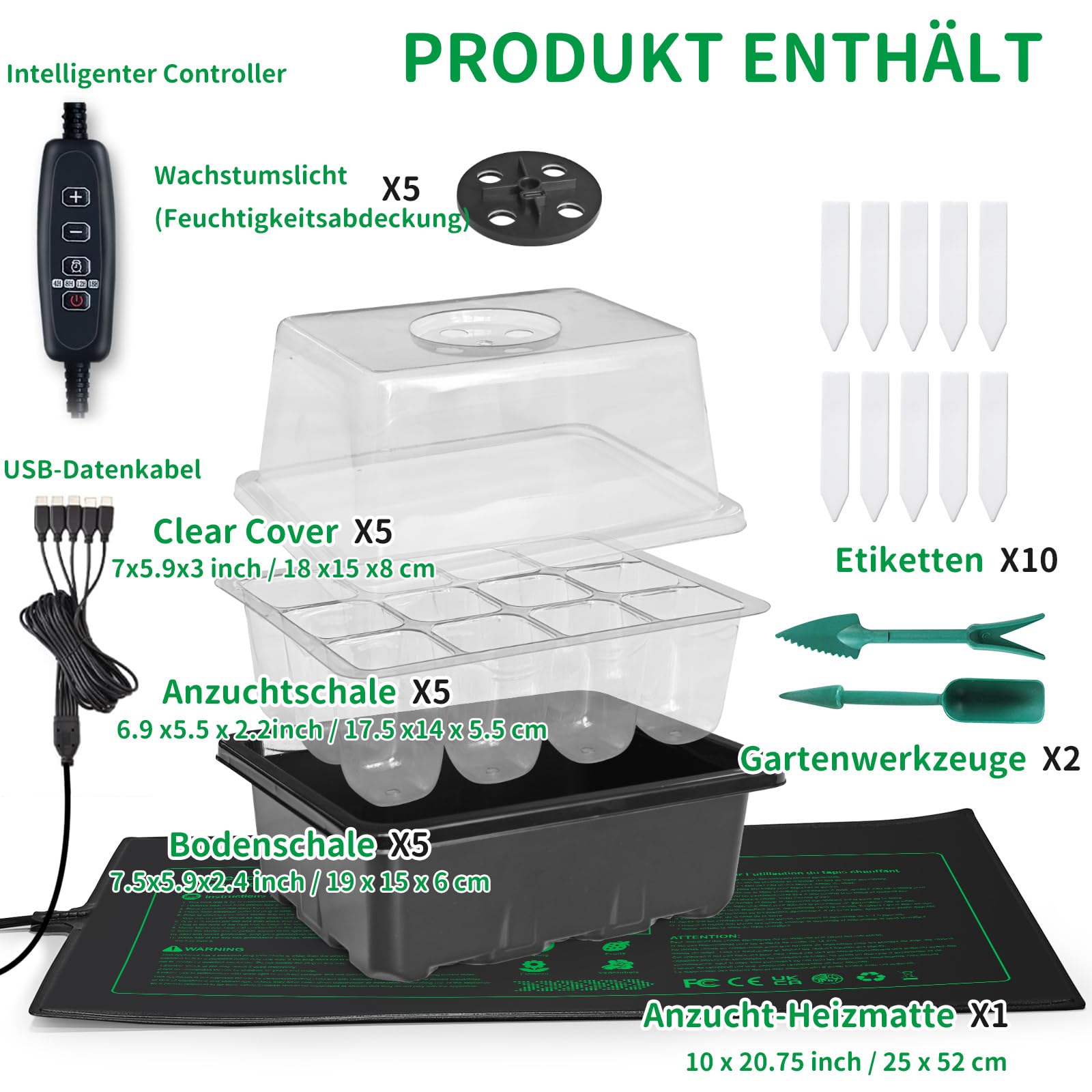 NAMOTEK Station de Germination 5 pièces avec Tapis Chauffant & Lampe de Croissance – 60 cellules, Mini-Serre