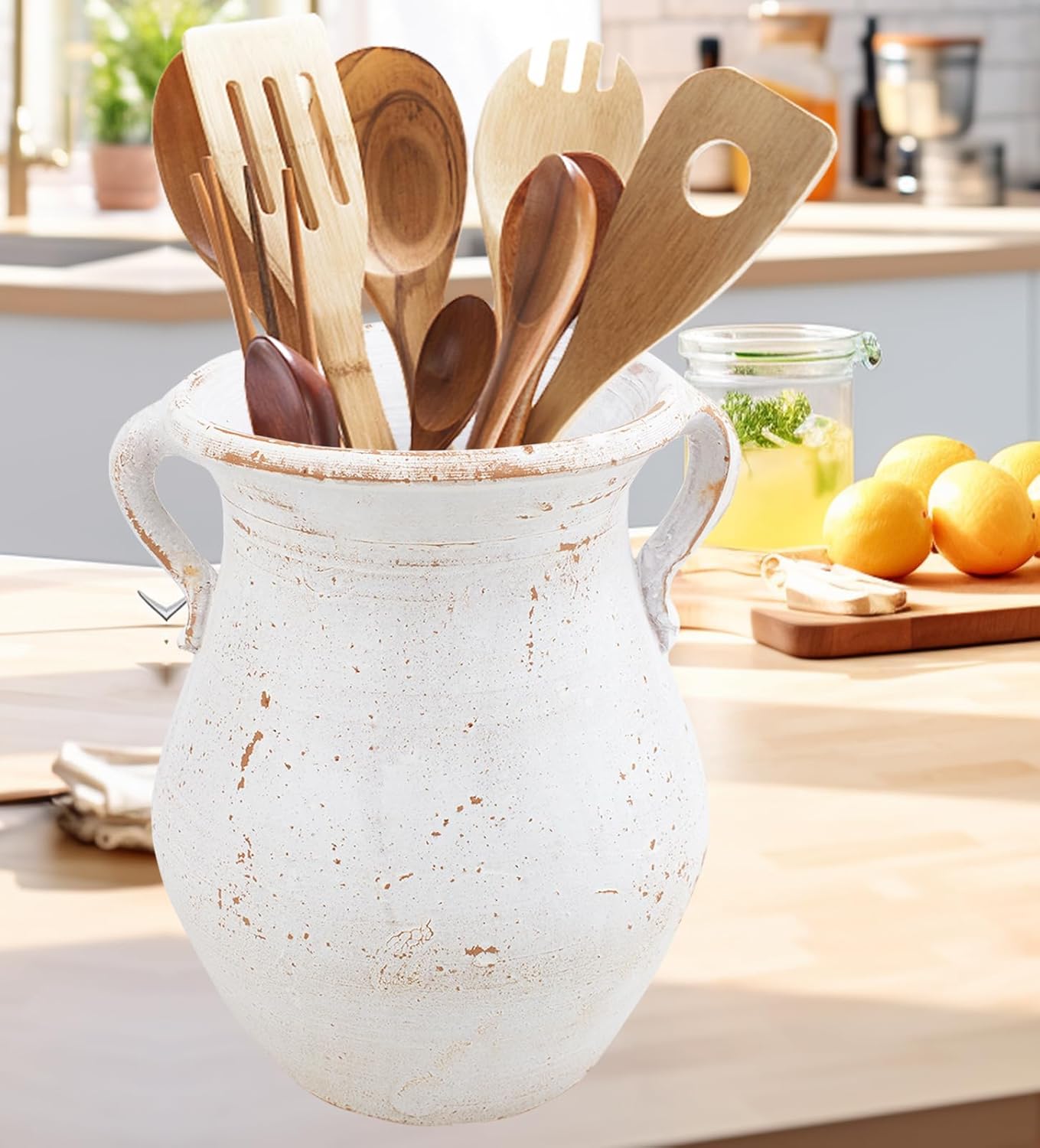 Rustic Kitchen Utensil Holder for Countertop, 7.6x4.9In Large Ceramic Cooking Utensil Crocks for Countertop, with non-slip pads, Morden Farmhouse Vintage Kitchen Counter Decor