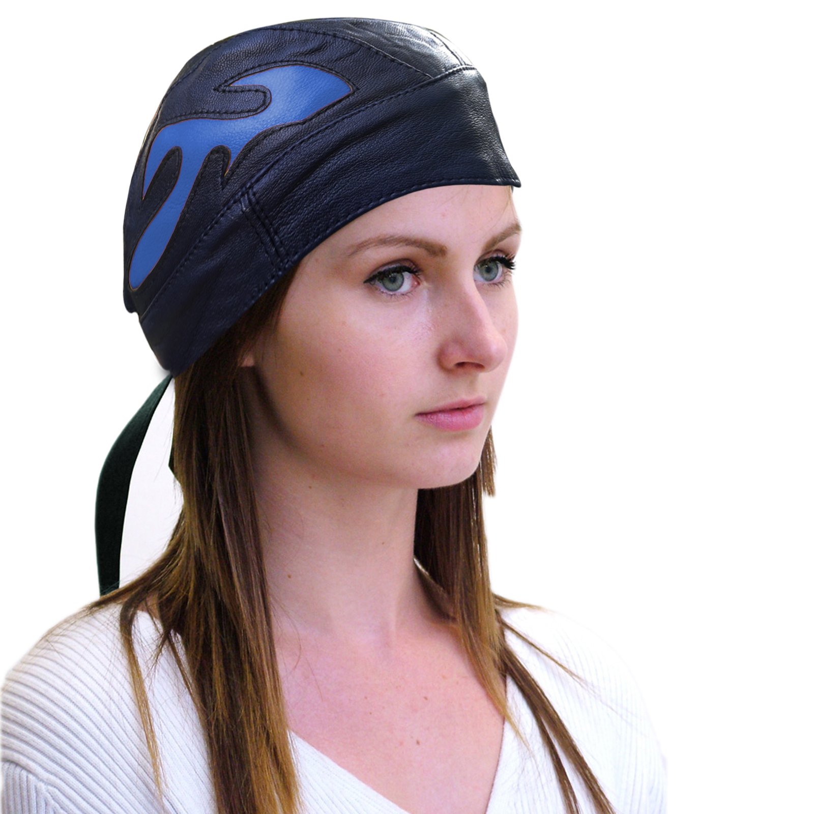 Sufiah Unisex Blue Doo Rag Bandana Bandana Motorcycle Real Leather Zandana Flames Design Doo Rag Cap Hat Headwear (, One Size)