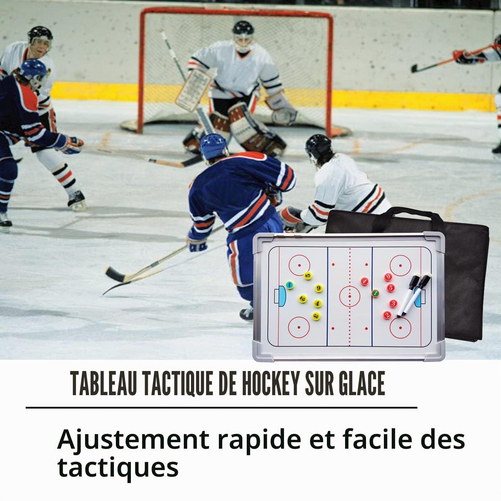 Joyeee Grand tableau tactique pour hockey sur glace, double face, étanche, avec joueur d'athlète magnétique et palets, marqueur magnétique effaçable à sec avec gomme, sac de rangement