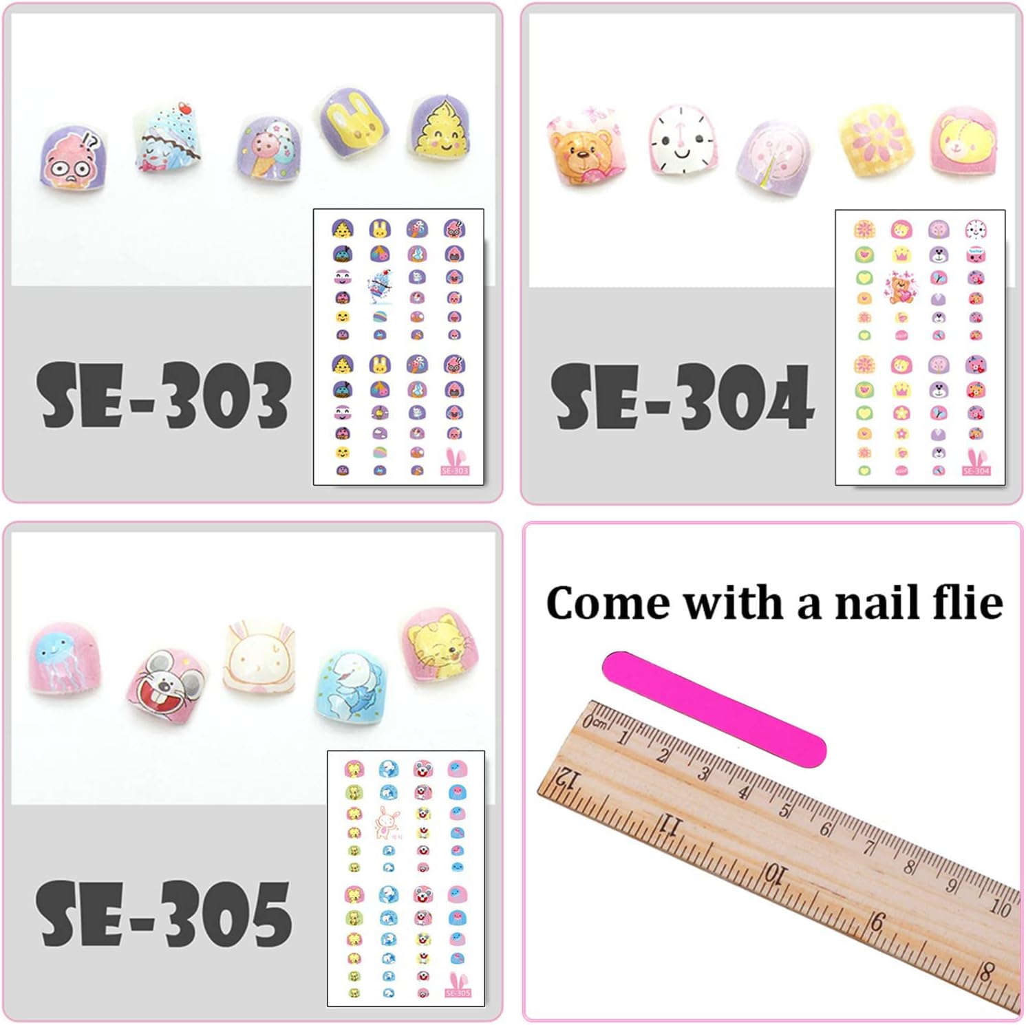 EBANKU 12 Sheets Nail Stickers Kids with Nail File, Self Adhesive 3D Fruits Moon Crowns Rainbow Ice Cream Animals Lovely Nail Wraps Decals for Girls Kids Holiday Nail Art Decals