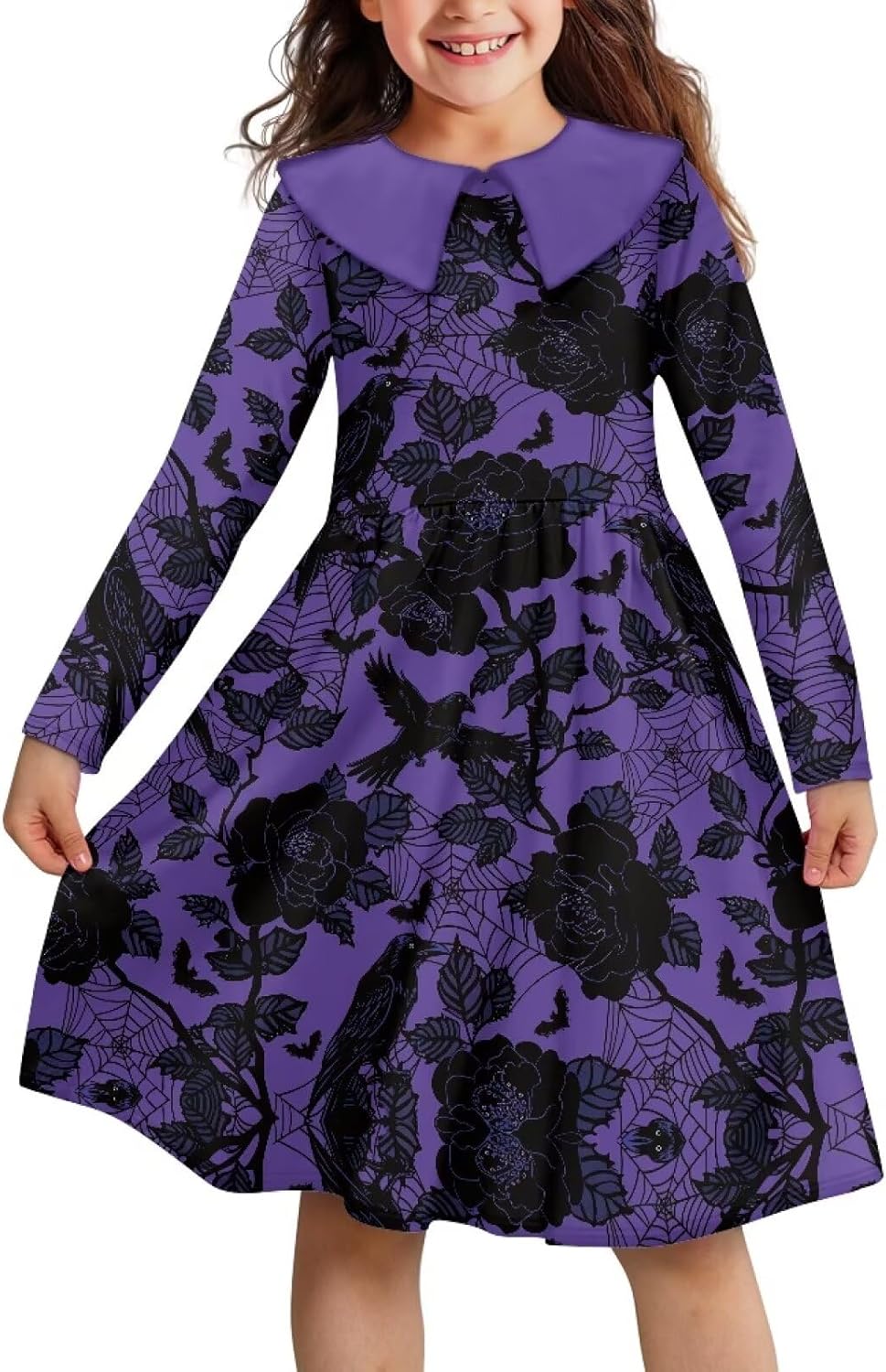 Girls Collared Dress Long Sleeve Dresses, Kids Casual Fit and Flare A Line Midi Swing Pleated, for 4-15 Y Children
