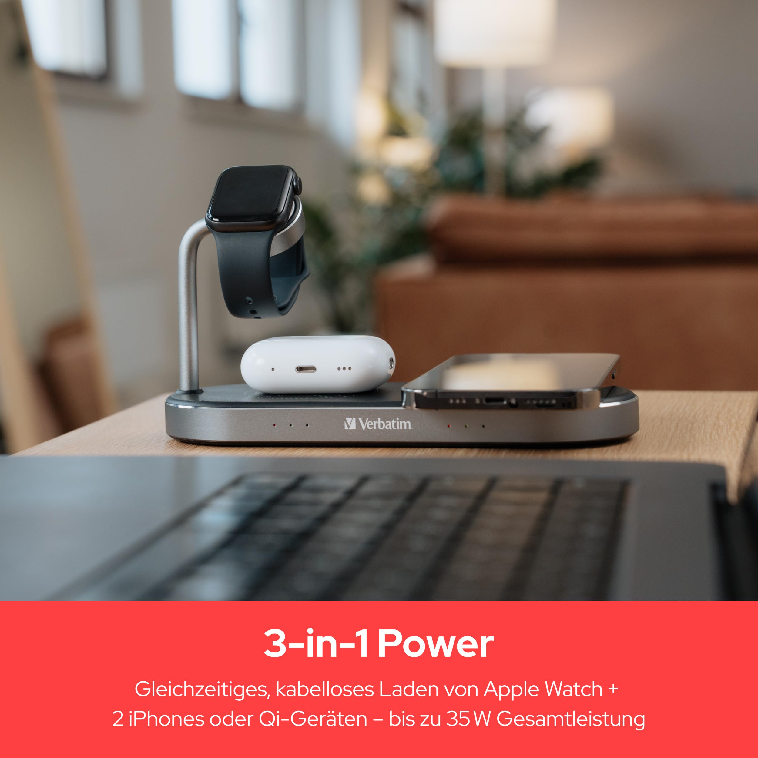 Verbatim 3-in-1 Qi MFi Dual Wireless Charger WCS-03, für iPhone, Apple Watch & Qi-fähige Geräte, Handy Ständer mit induktiver Ladestation, kabelloses Ladegerät für Apple, Samsung und mehr