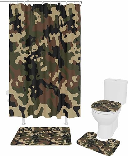 Juego de 4 cortinas de ducha de camuflaje con alfombra antideslizante, cubierta para tapa de inodoro, tapete de baño y 12 ganchos, juego de cortina