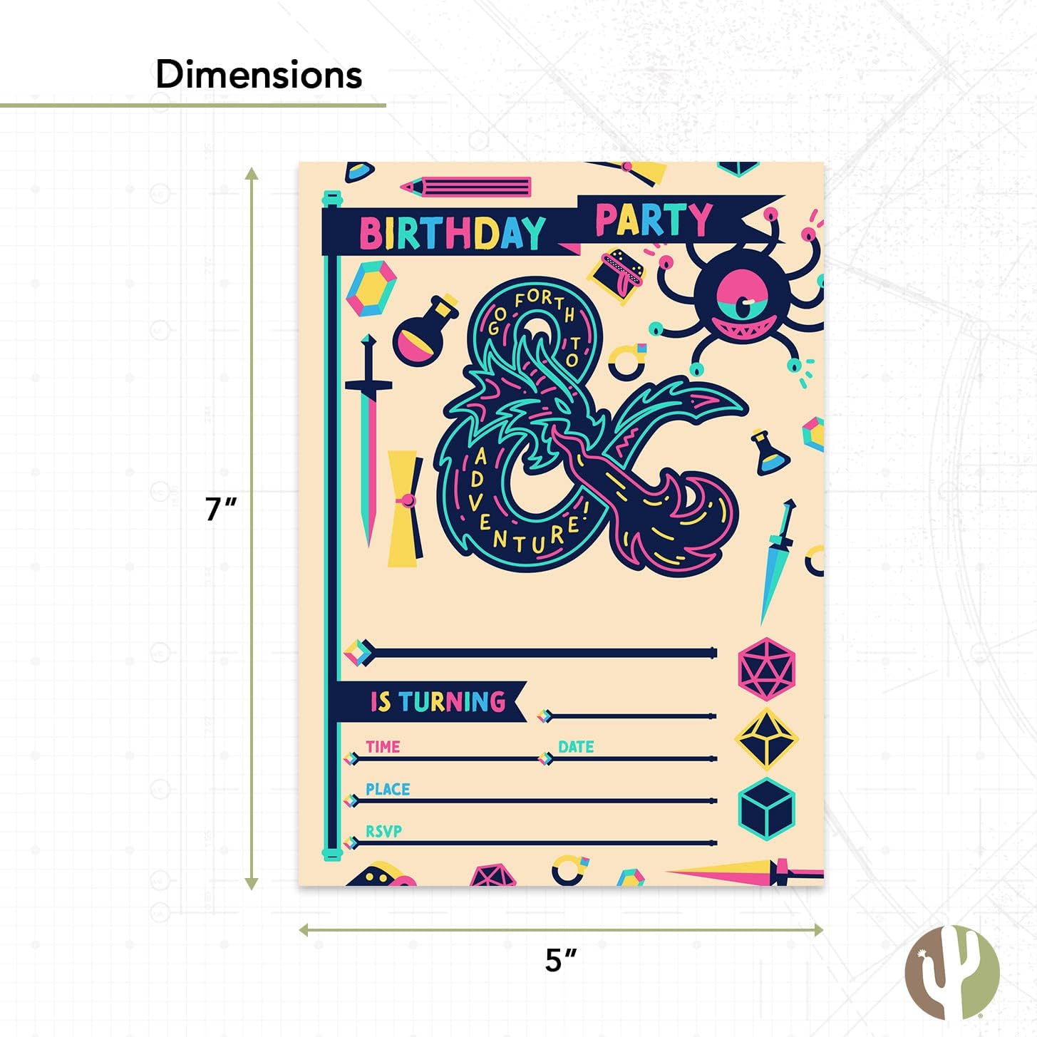 Desert Cactus Dungeons & Dragons Happy Birthday Invitations D&D Invites Cards 10 Count with Envelopes Doughnut Boys Girls Kids Party (Style A)