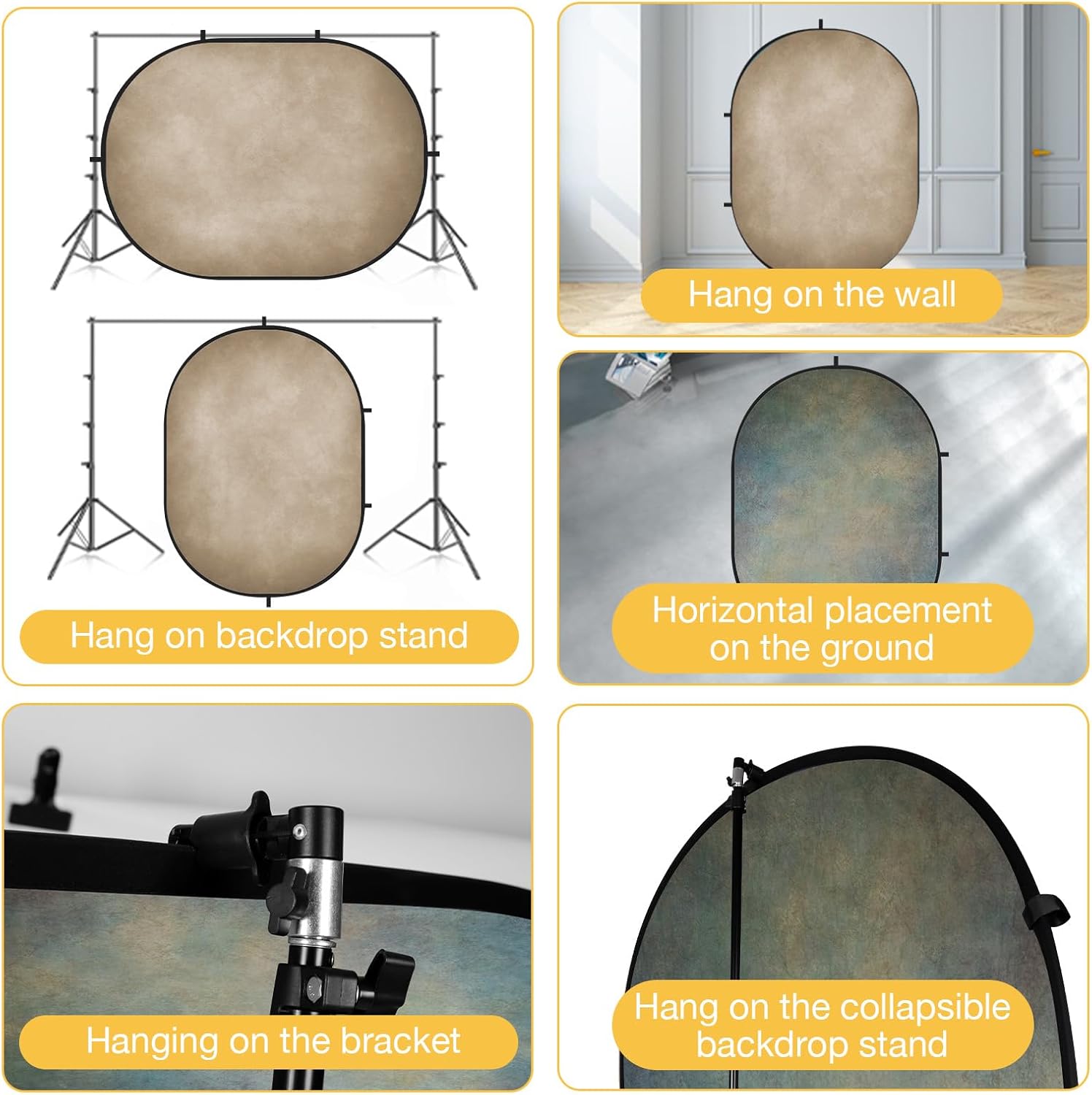 Kate 5x6.5ft(1.5x2m) Collapsible Backdrops Tan Grey Green Double Sided Reversible Pop Up Background for Portrait Photography, Video Meetings