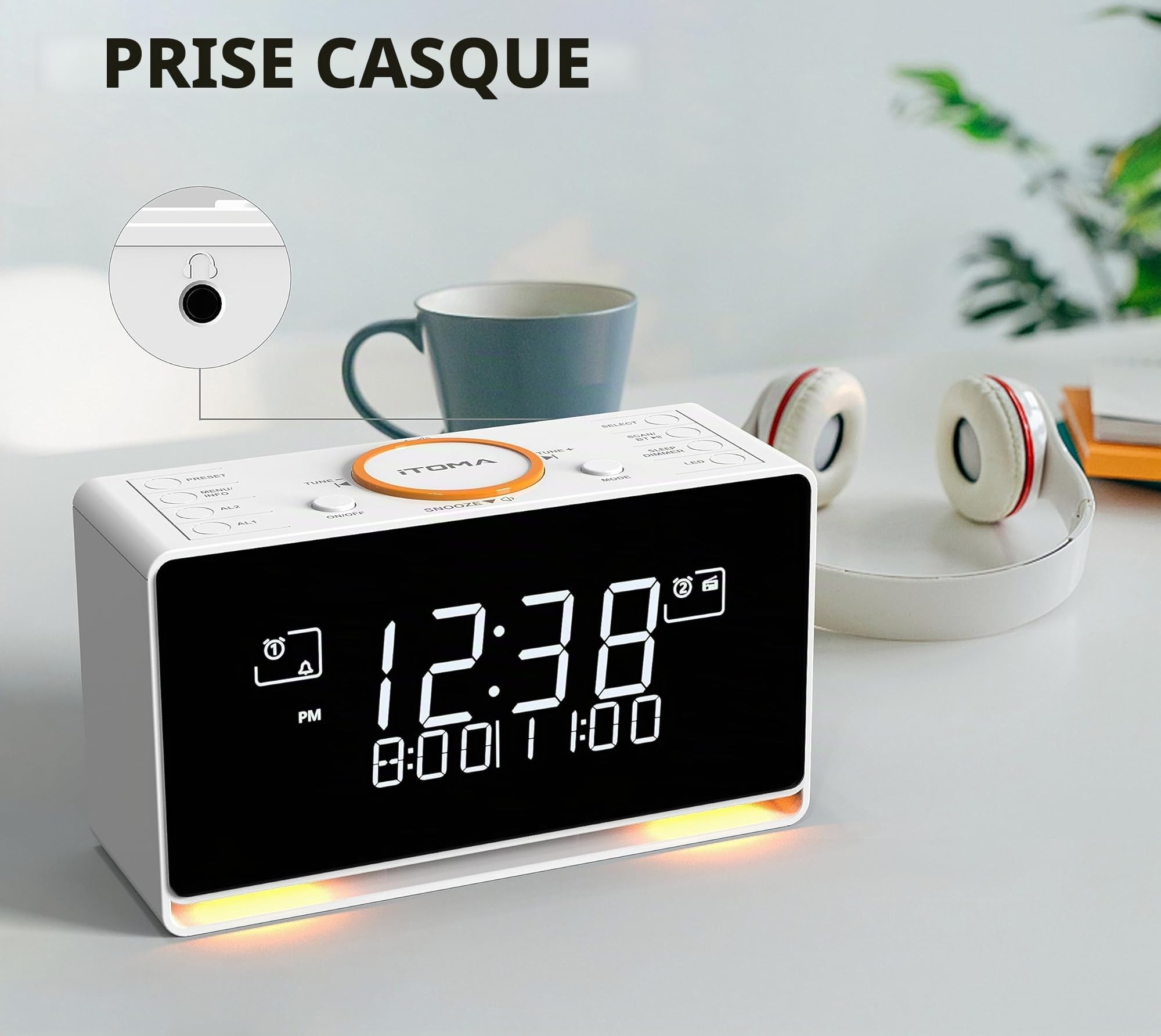 Réveil Radio DAB et FM avec 40 presets, Bluetooth, double alarme, minuterie de sommeil, contrôle de gradation, CHARGEUR USB et prise casque iTOMA 728