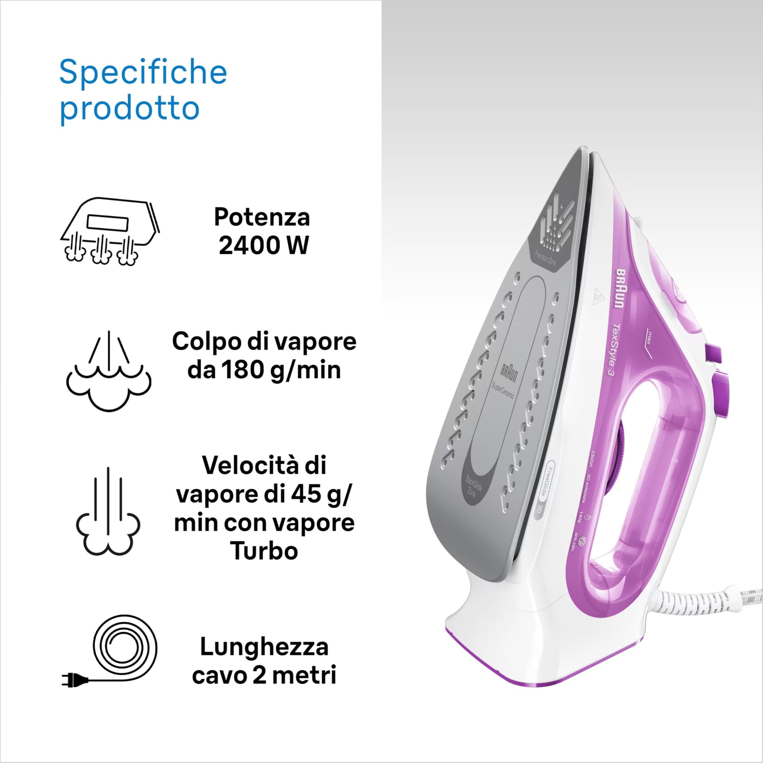 Braun TexStyle3 SI3030PU Ferro da Stiro a Vapore con 5 Anni di Assistenza, Piastra in Ceramica, Stiratura in Verticale, Punta di Precisione, Getto di Vapore 140g/min, Potenza 2300watt, Rosa Chiaro