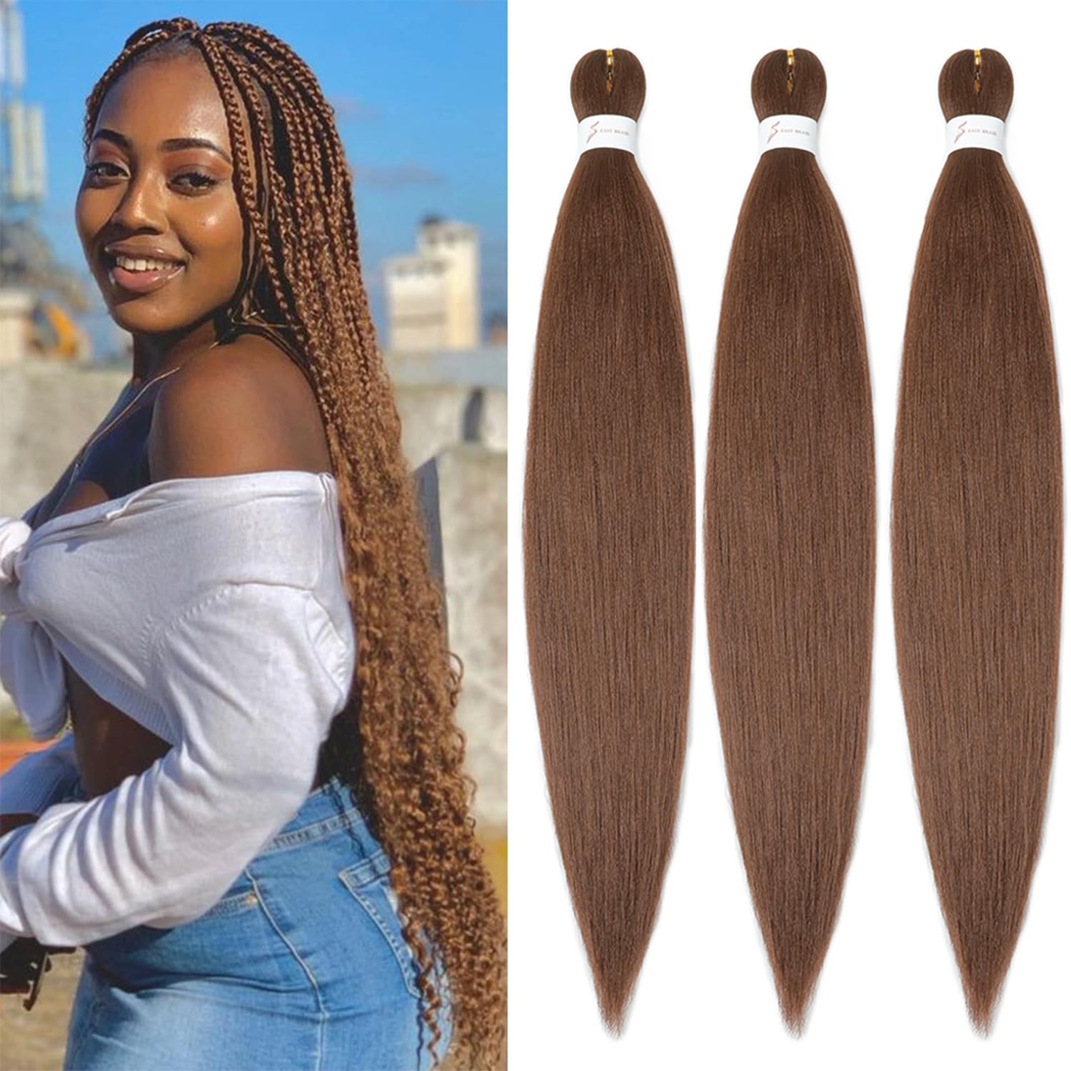 YDDM Pre Stretched Braiding Hair Braiding Hair Extensions Brown Braids Extensions Hair 26 Inch 3packs Box Braid Hair Extensions Hair For Braiding Crochet Hair Braiding (26 Inch, 30#)