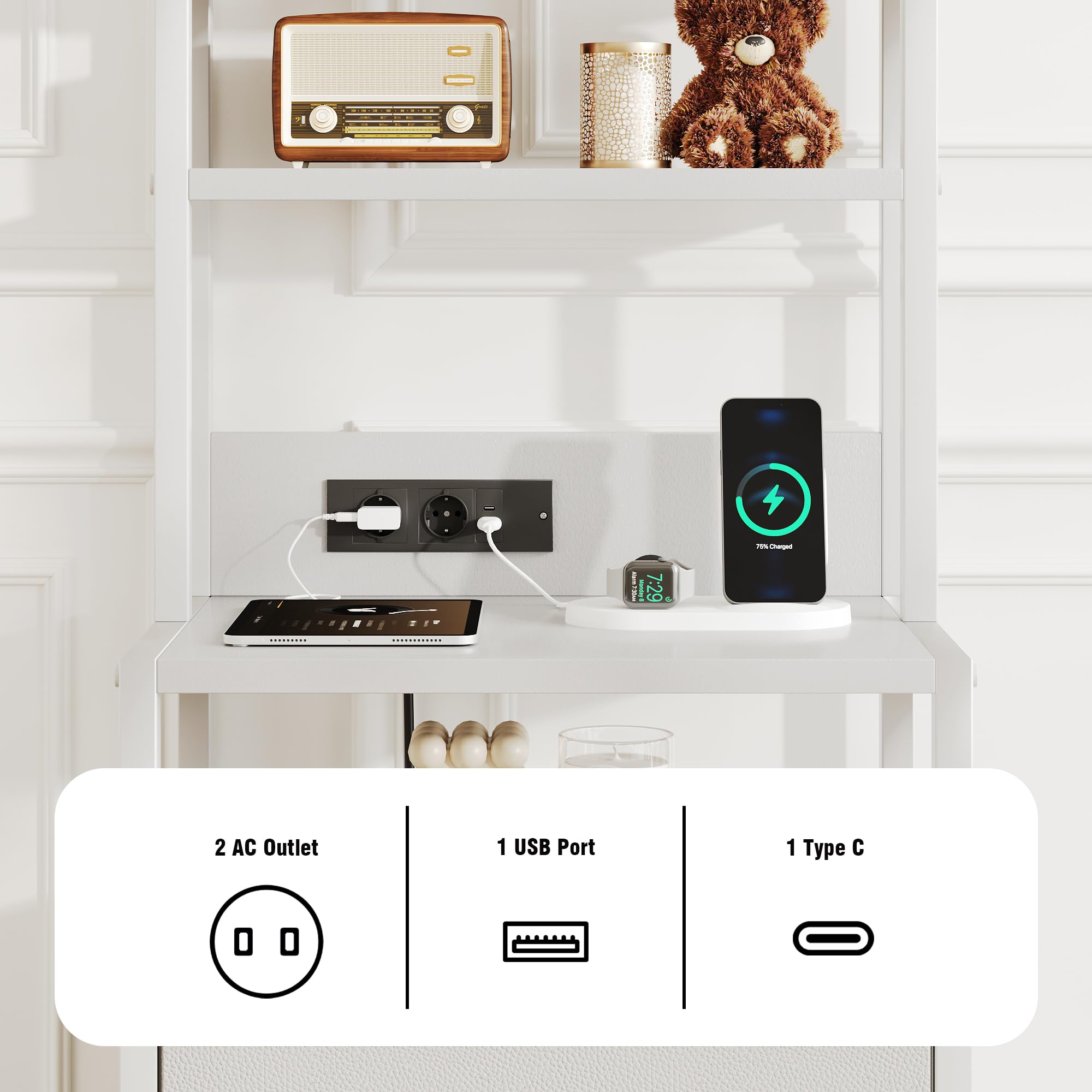 CAIYUN Table de chevet, haute table de nuit blanche avec 4 étagères, 2 tiroirs en tissu PU et bande lumineuse LED, tables de nuit avec station de charge, table d'appoint pour la chambre à coucher