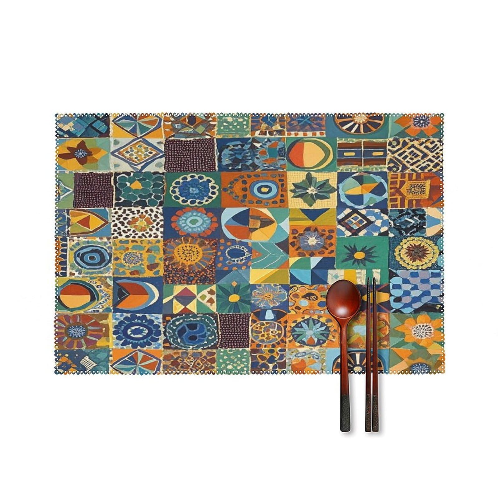 African Style Patchwork Placemats Set of 6 Heat Resistant Non-Slip Place Mats Washable Wipeable Table Mats Elegant Farmhouse Placemat for Kitchen Dining Outdoor Party Table Decor