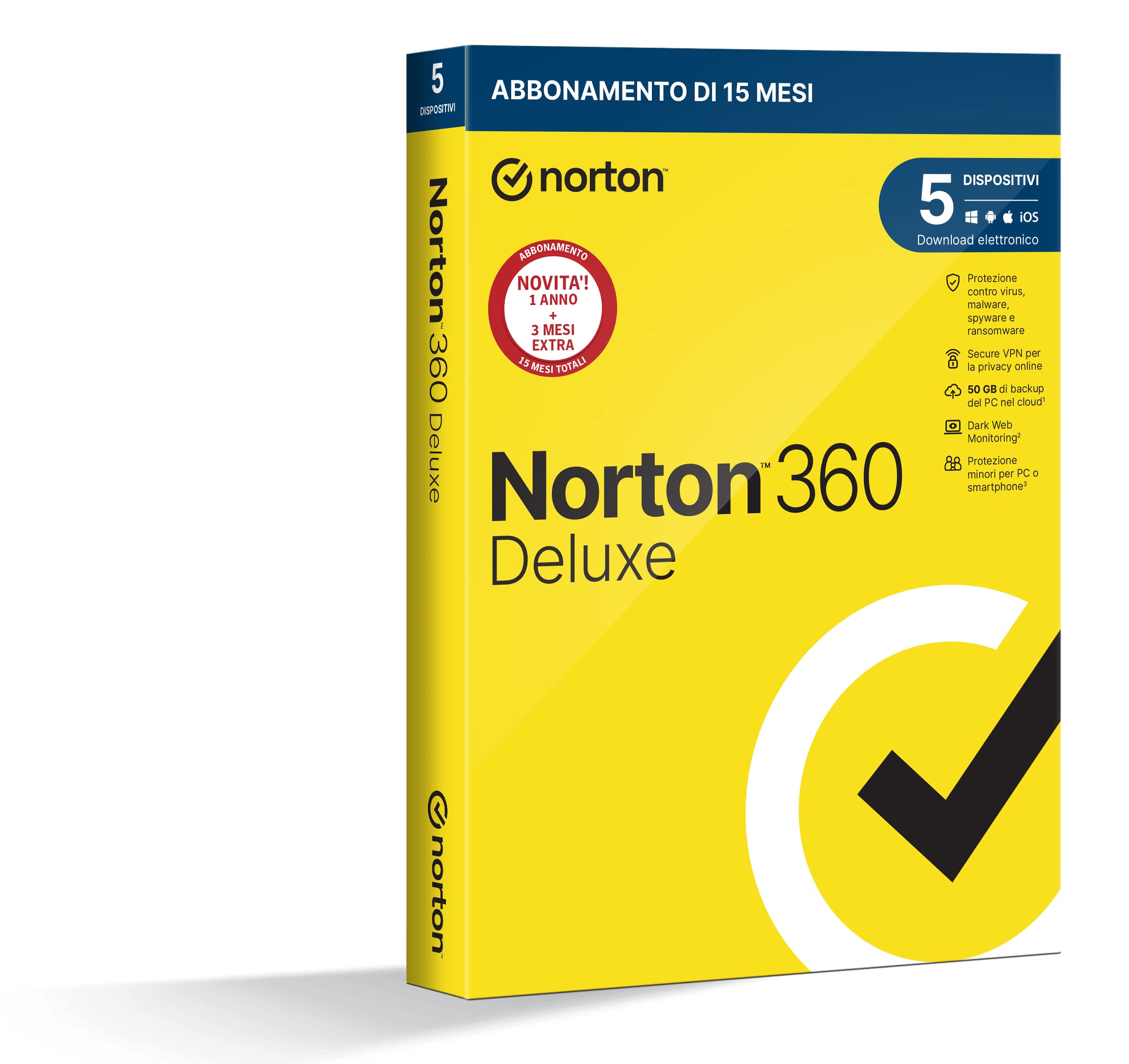 Norton 360 Deluxe 2023 | Antivirus per 5 dispositivi | Licenza di 15 mesi | PC, Mac, tablet e smartphone Corriere: Ricevi prodotto fisico 5 Dispositivi 1 Anno (+3 mesi extra)