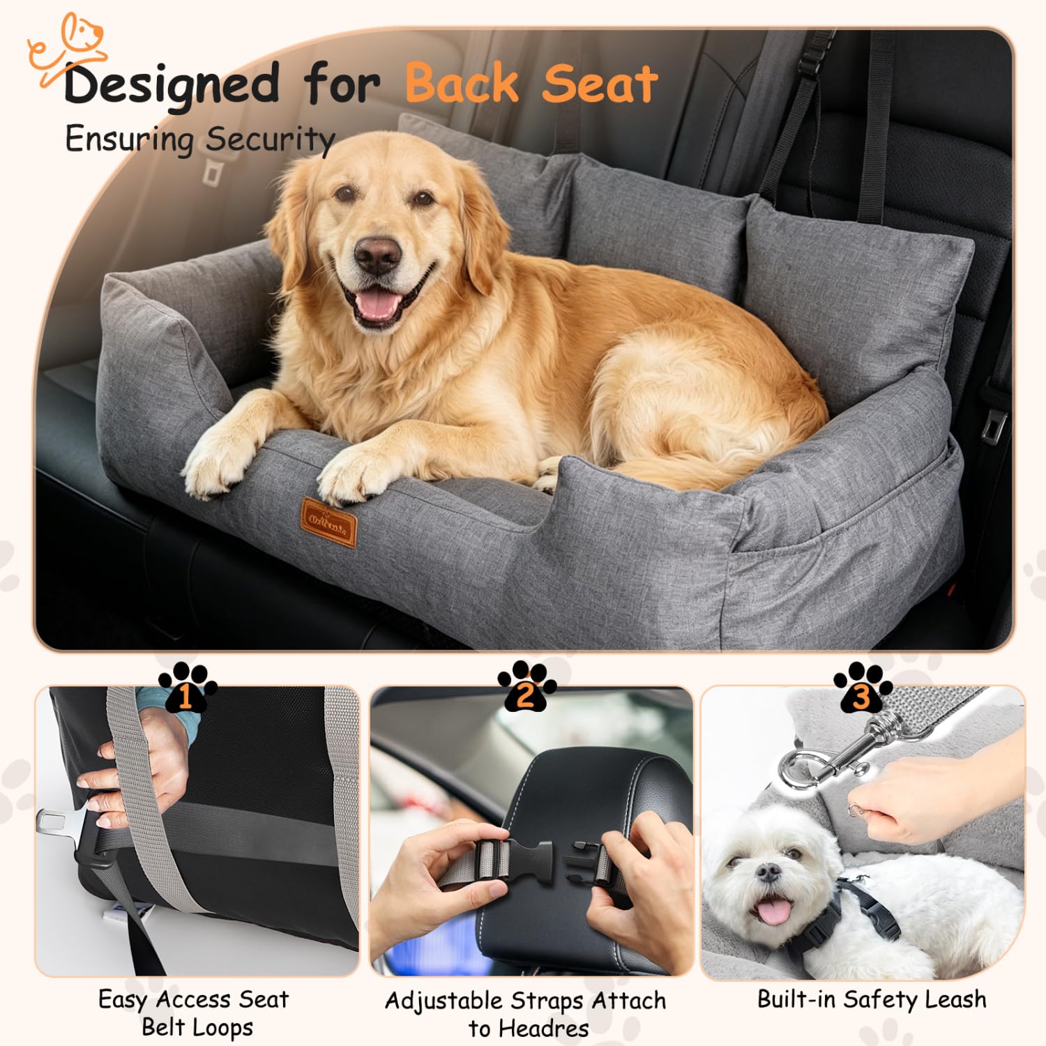 Nobleza Asiento de Coche para Perros Medianos a Grandes, Cinturón de Seguridad Estable,Bolsillos de Almacenamiento, Adecuado para Perros Medianos y Grandes, L92*W50*H40cm, Gris