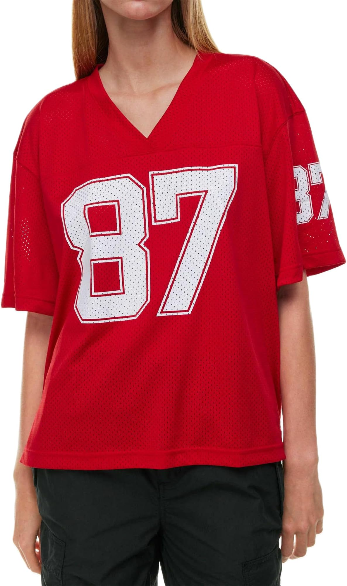 Oversized Jersey Shirts for Women Y2k Number Graphic Print V Neck Short Sleeve Aesthetic Summer T-Shirt Streetwear