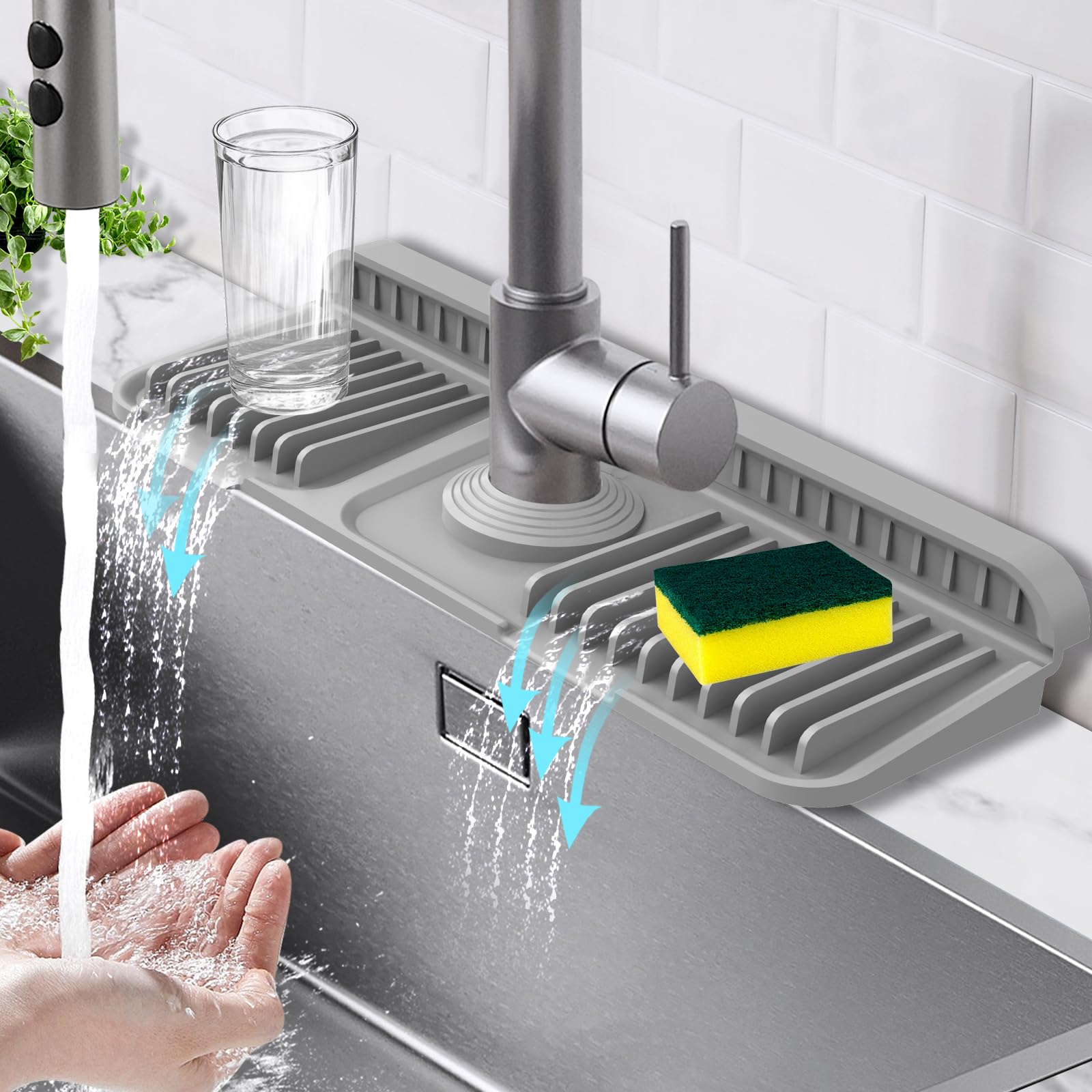 View 1 of 14.6-Inch Kitchen Sink Splash Guard Mat | 7° Slope for Fast Self-Draining | Snap-Lock Design | Universal & Cuttable Silicone Faucet Mat GRAY