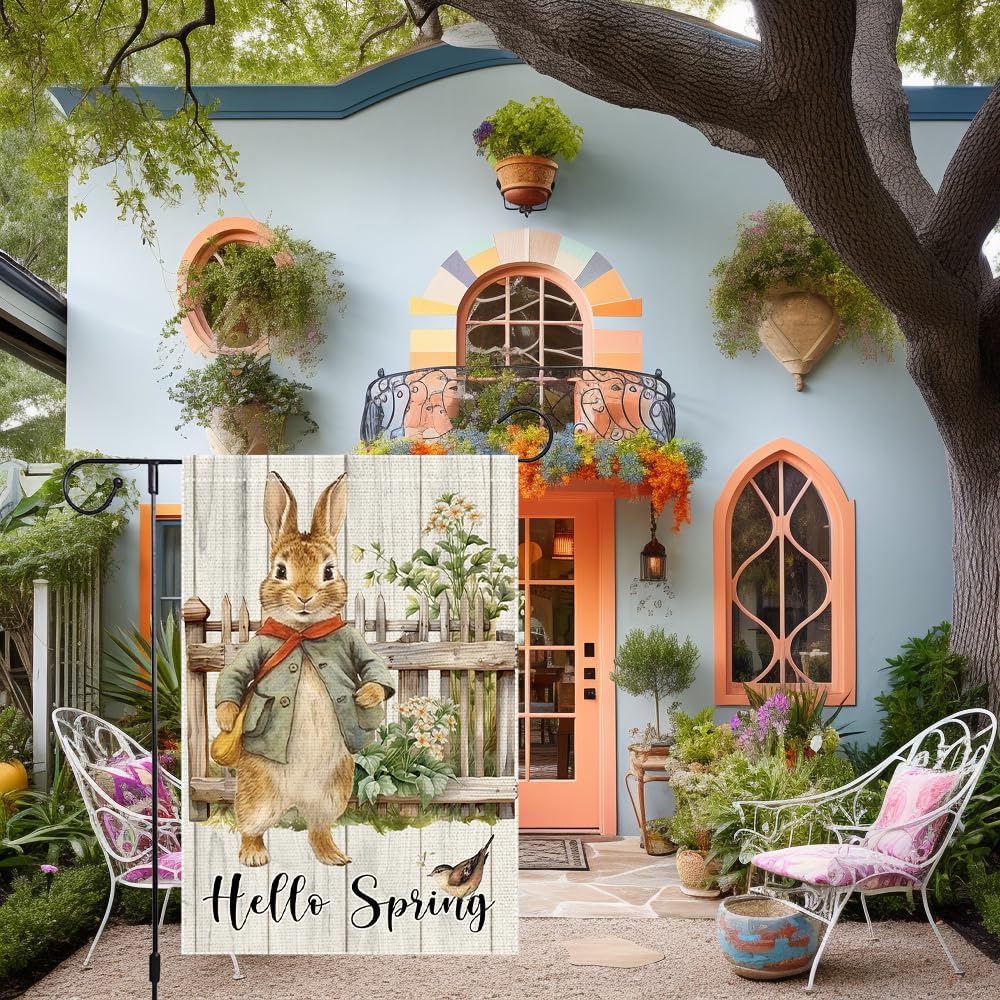 Hello Spring Garden Flag 12x18 inch Burlap Double Sided Rabbit Colorful Floral Cardinal Small Garden Flags easter Decorations For Outside Yard Home Outdoor Patio Lawn Decor - Image 2