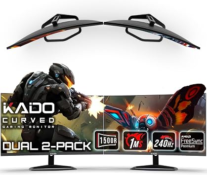 Kado 27" Class Dual Gaming Monitor Setup - 2-Pack 27" Curved 1500R 240Hz 1ms 1920x1080 Computer Monitor, Parallel Gaming AMD FreeSync Premium Panoramic, VESA Mount HDMI DisplayPort Built-in Speakers