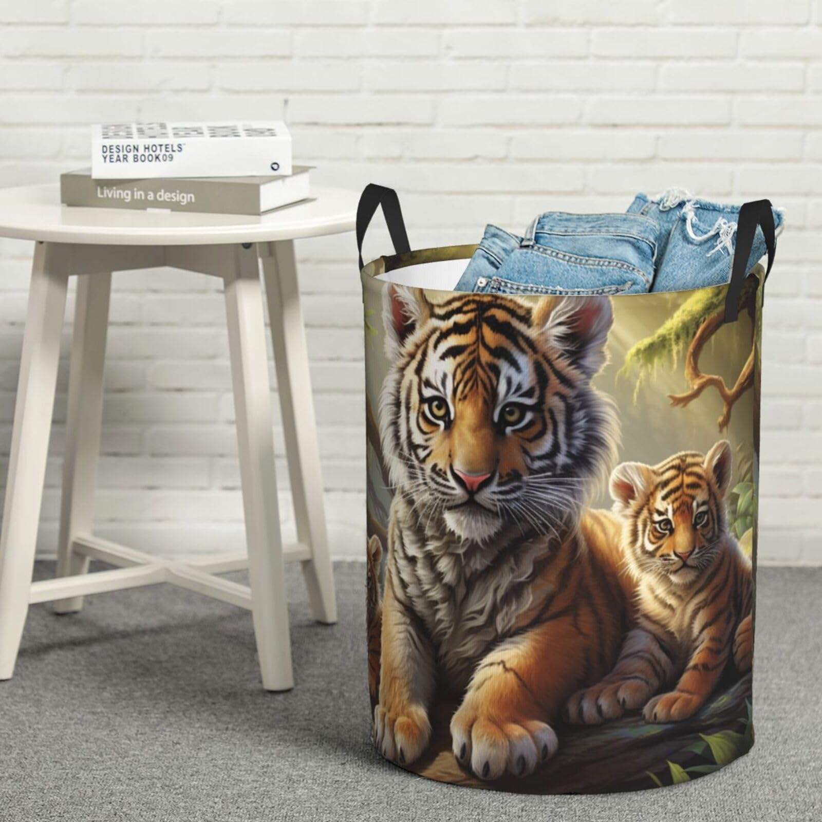 Fodpand Black Jungle Tigers Cub Laundry Basket With Handle, Freestanding Laundry Hamper, Collapsible Dirty Clothes Hamper, Waterproof Fabric Blanket Storage Basket Tall Toy Storage Bin Room Decor Small