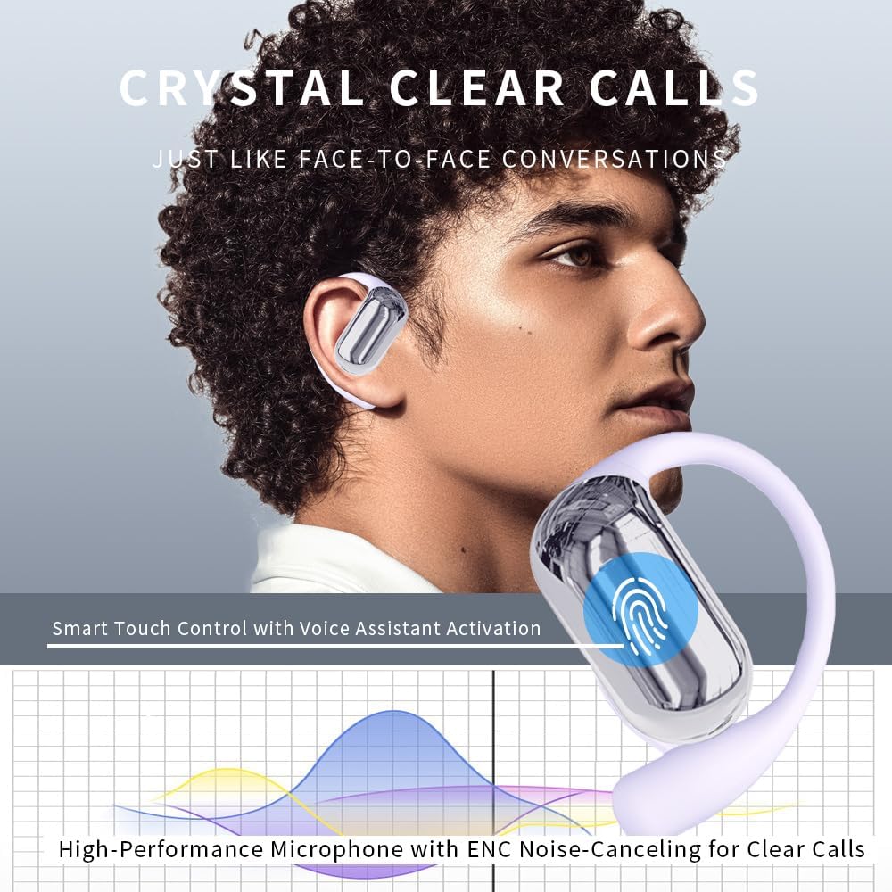 Open Ear Headphones, Bluetooth 5.4 Earphones, Open Ear Earbuds with Mic, HiFi Sound, Clear Calls, IPX5 Waterproof, 40H Playtime, Ear Hooks, Wireless Headsets for Running Cycling Driving Workout Purple