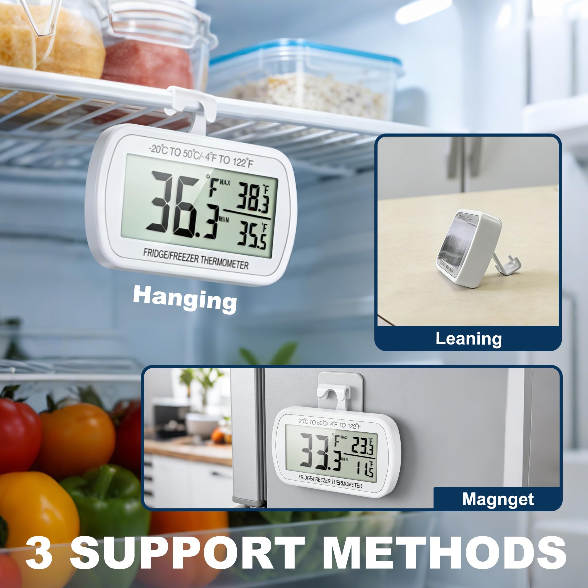 Termómetro para nevera resistente al agua, termómetro digital para congelador, función de grabación máx/min, pantalla LCD grande y parte trasera magnética para cocina, hogar, restaurantes (2 unidades)