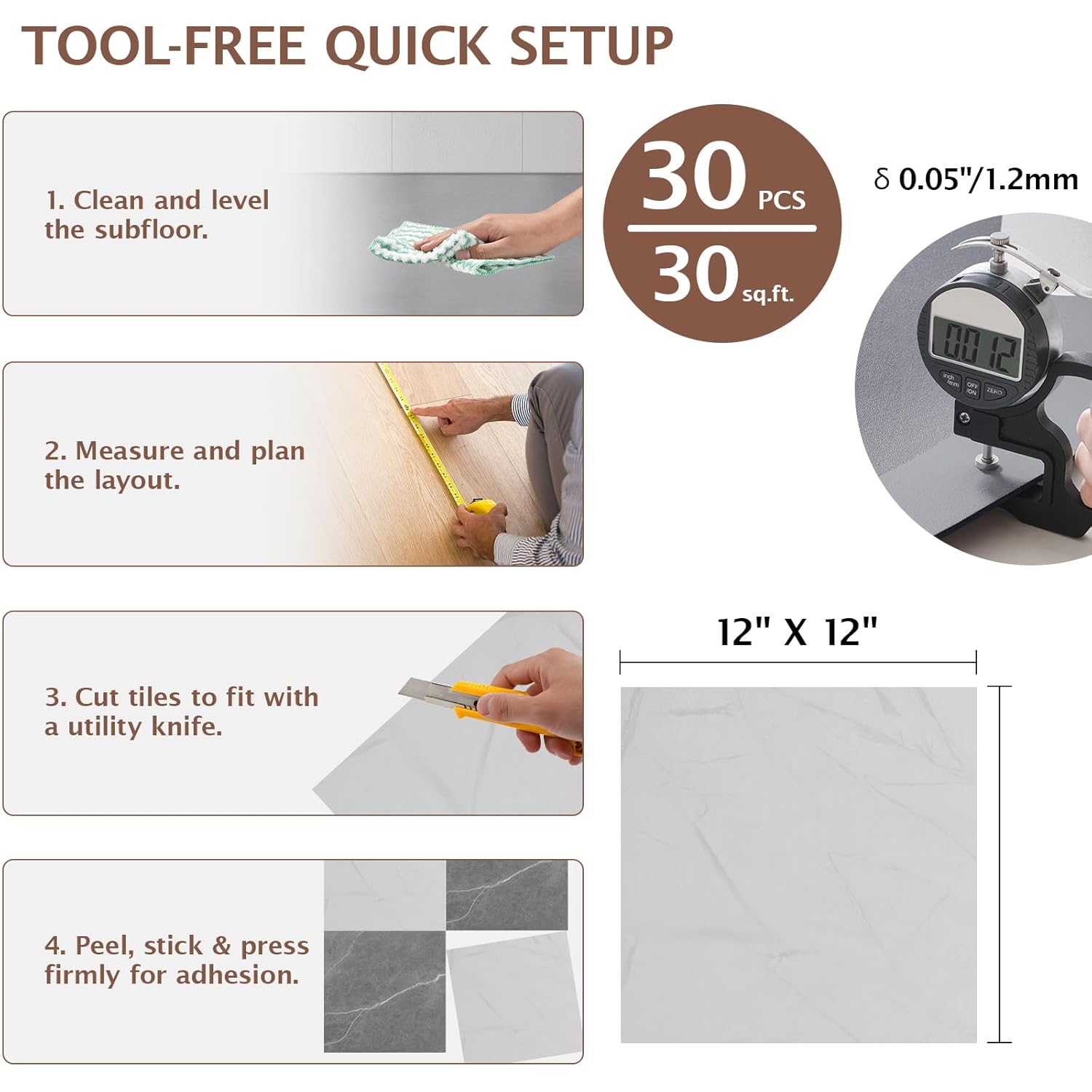 Peel and Stick Floor Tile, 30 PCS 12" x 12" Checkered Waterproof Marble Texture Luxury Vinyl Tiles, Easy DIY Self Adhesive Vinyl Flooring for Bathroom, Kitchen, Living Room, Dark Gray/White