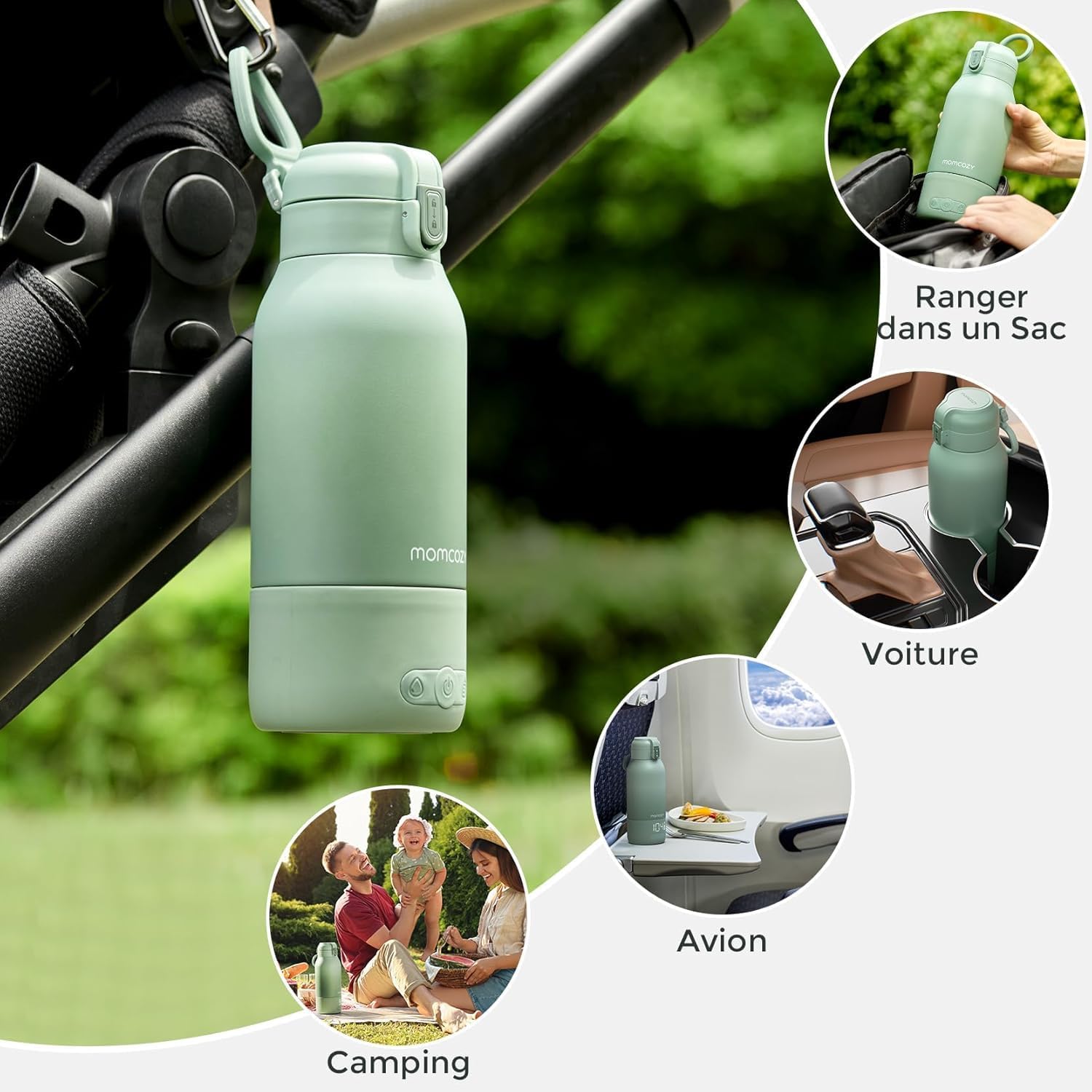 Collage of images showing the Momcozy bottle warmer being used in various portable settings: stored in a bag, in a car, on a plane, and during campинж.