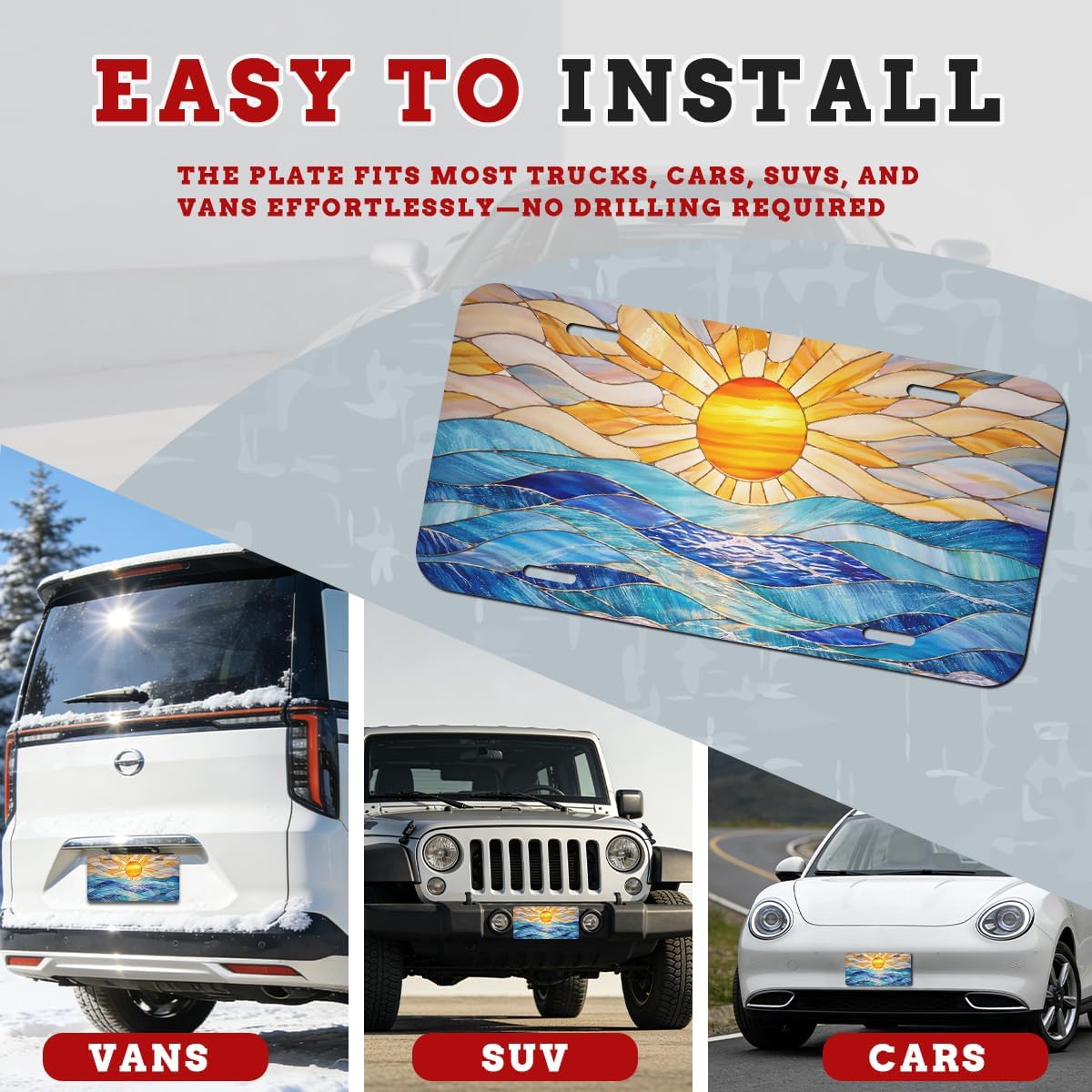 Ocean Front License Plate Sunrise Waves Stained Glass Sea Horizon Aluminum Decorative License Plates Funny Novelty Vanity Tag Cover 12×6 Inch Car Decor Accessory with 4 Holes for Men Women