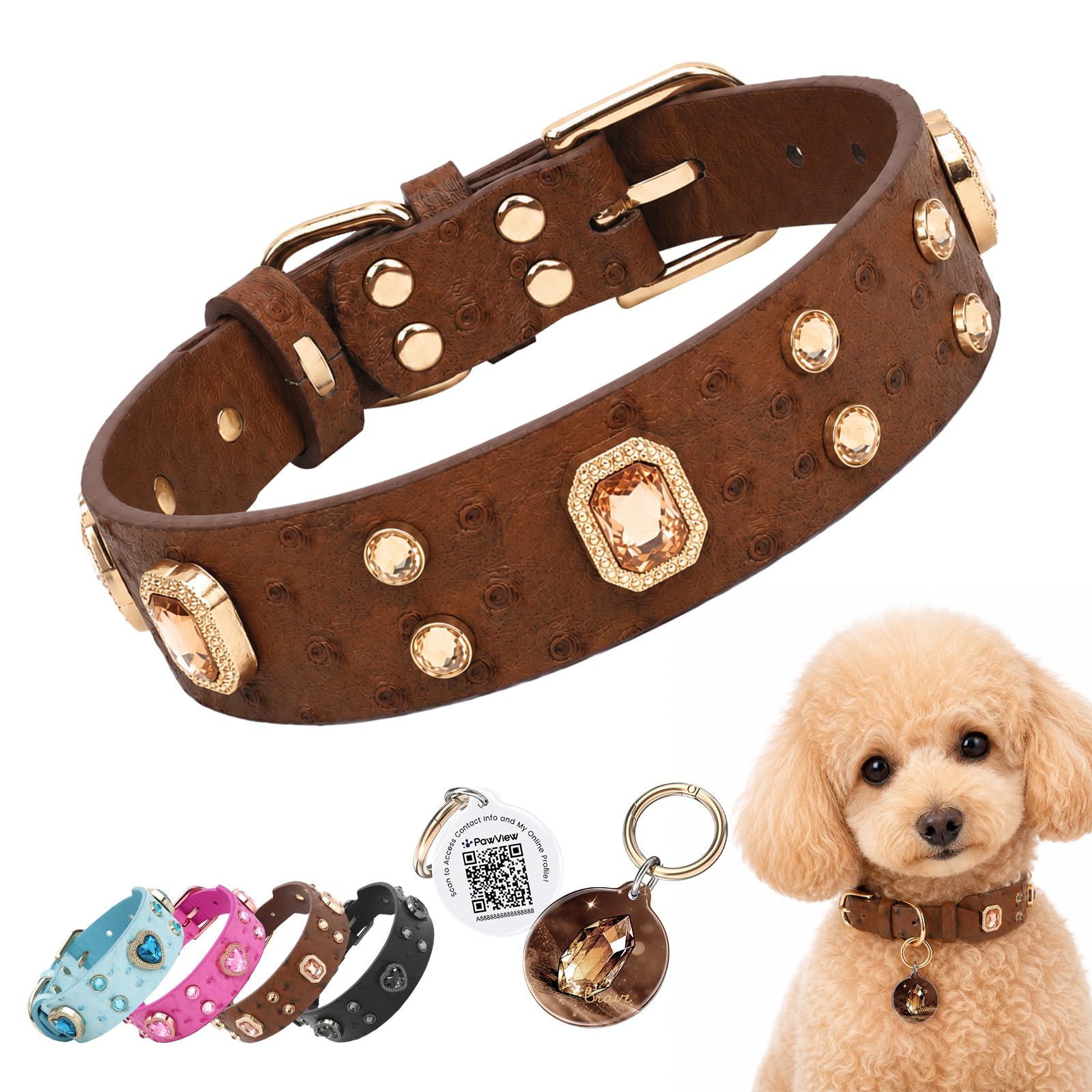 PawView Rhinestone Dog Collar with Smart QR Code ID Tag, Personalised Wide Adjustable Waterproof Leather Collar for Small, Medium & Large Dogs, Brown, M