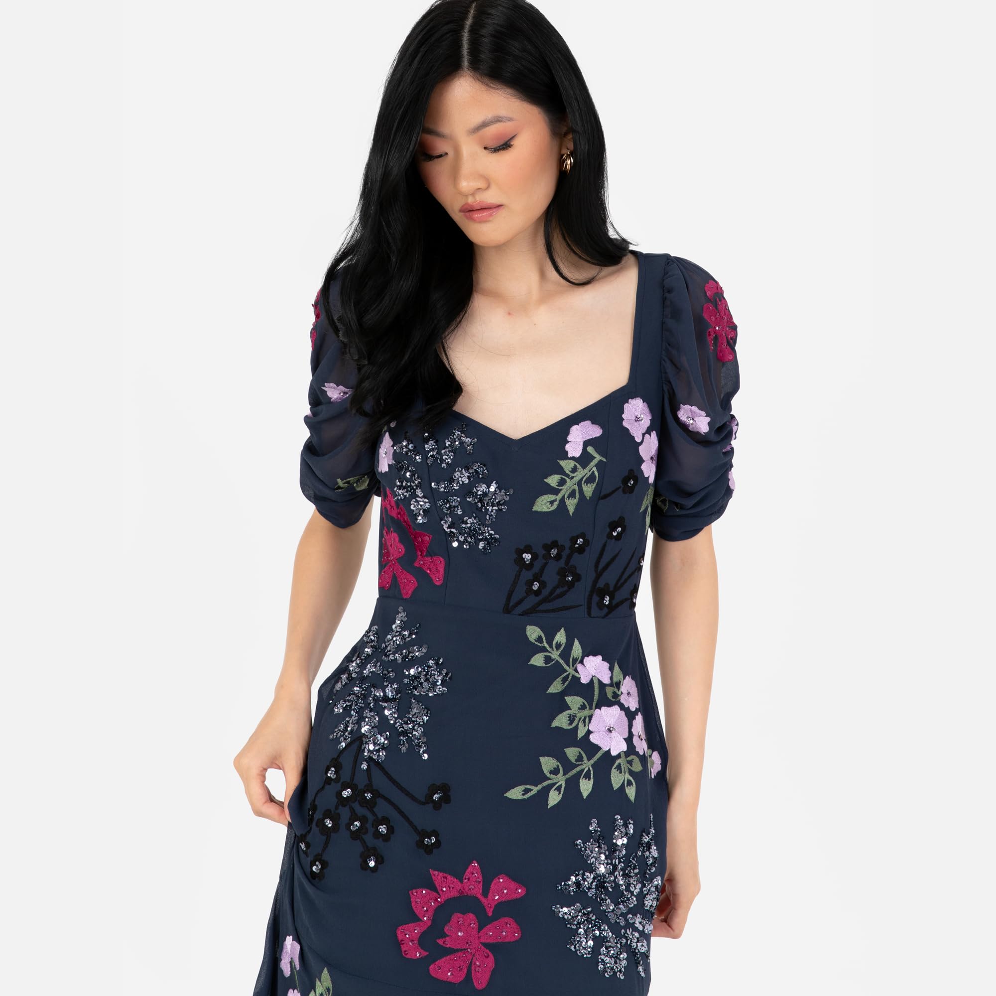 Maya Deluxe Women's Maxi Dress Ladies Embroidered Sweetheart Neckline Ruched Sleeves for Wedding Guest Bridesmaid Prom Ball Gown, Vestido Mujer, Navy,