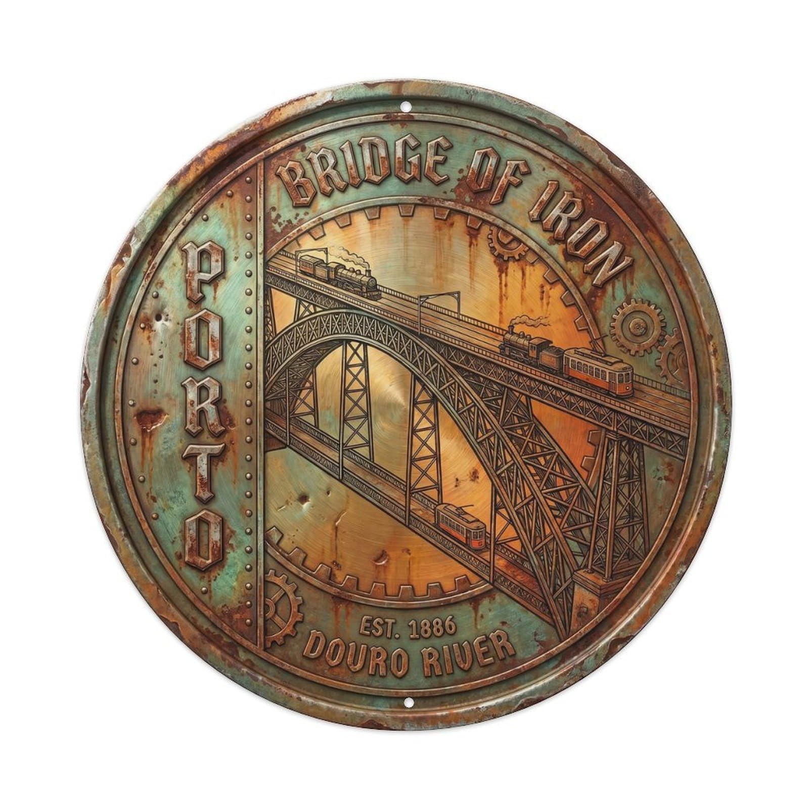 Bridge Industrial Hallway Crossing Metal Tin Sign Plaque Wall Decor for Cafe, Club, Garden Round Metal Poster 8x8Inch