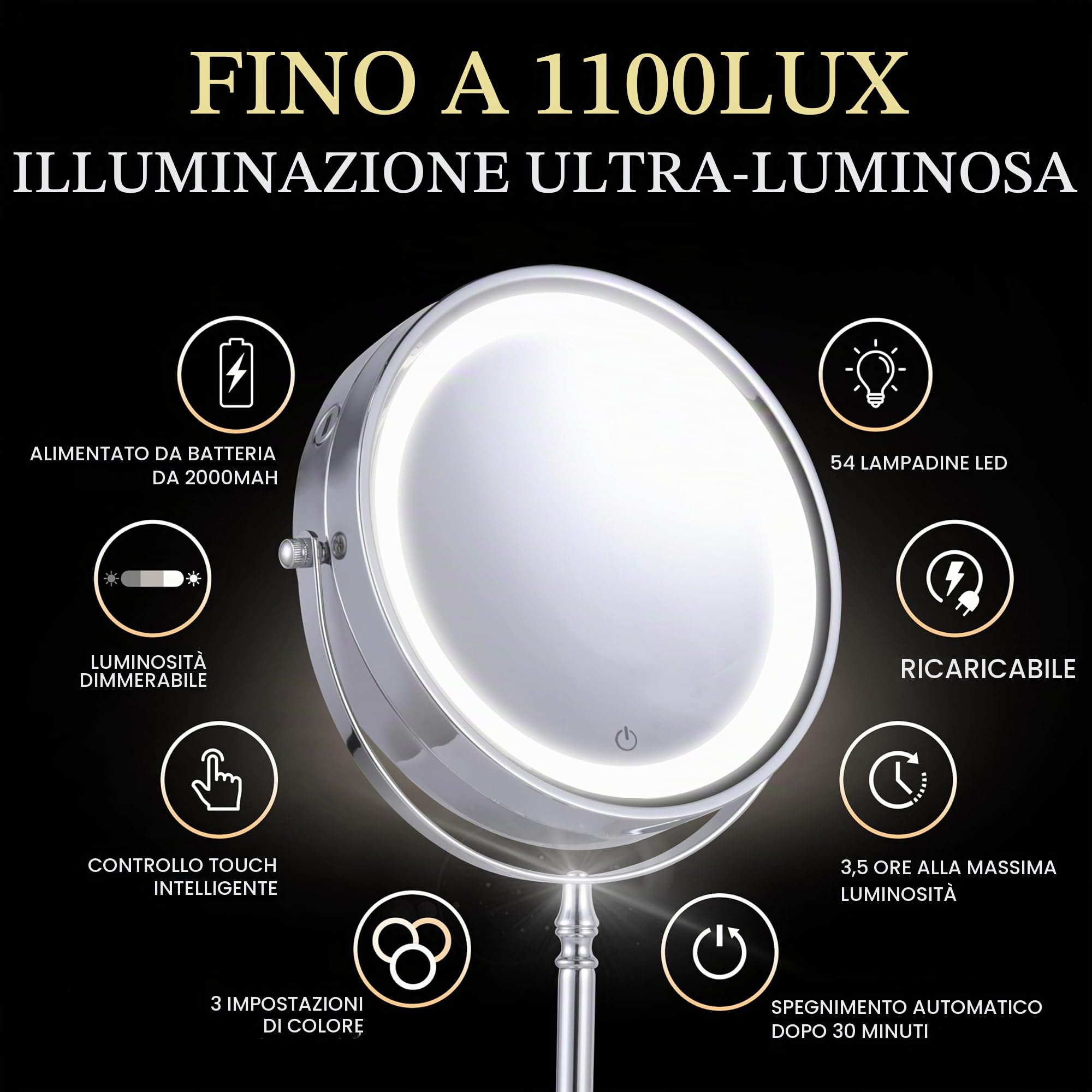 MIRRORVANA Specchio ingranditore illuminato 20X/1X su supporto (cromato)