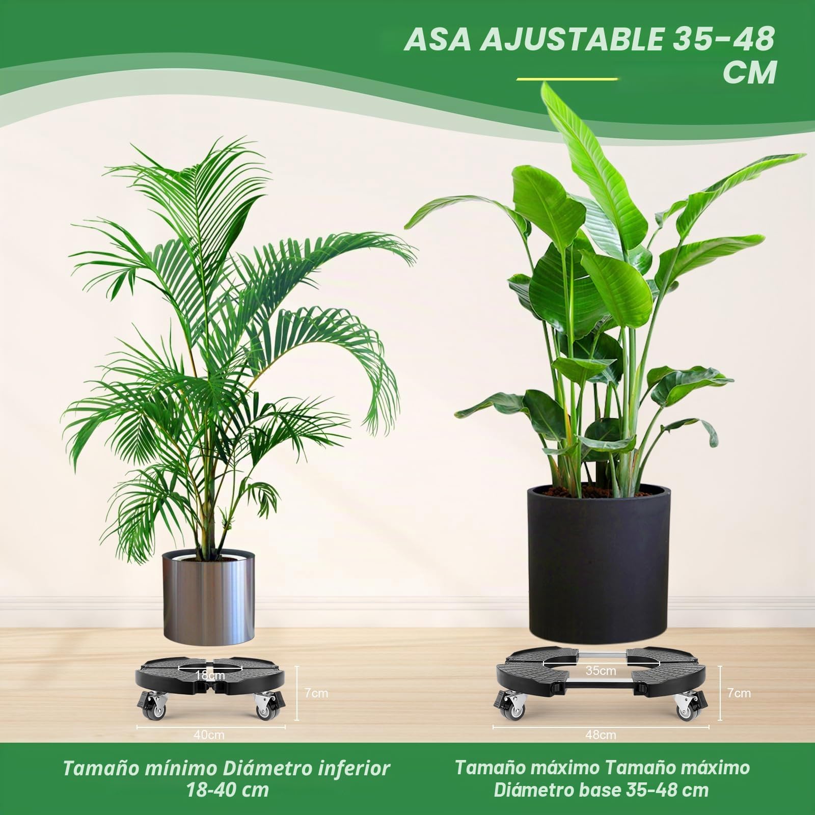 Plataforma con Ruedas, Ajustable Ø 35-48cm, Capacidad de Carga 150 kg, Soporte para Macetas con Ruedas 360 ° Giratorio, Soporte para Macetas Exterior Interior Jardín, Negro
