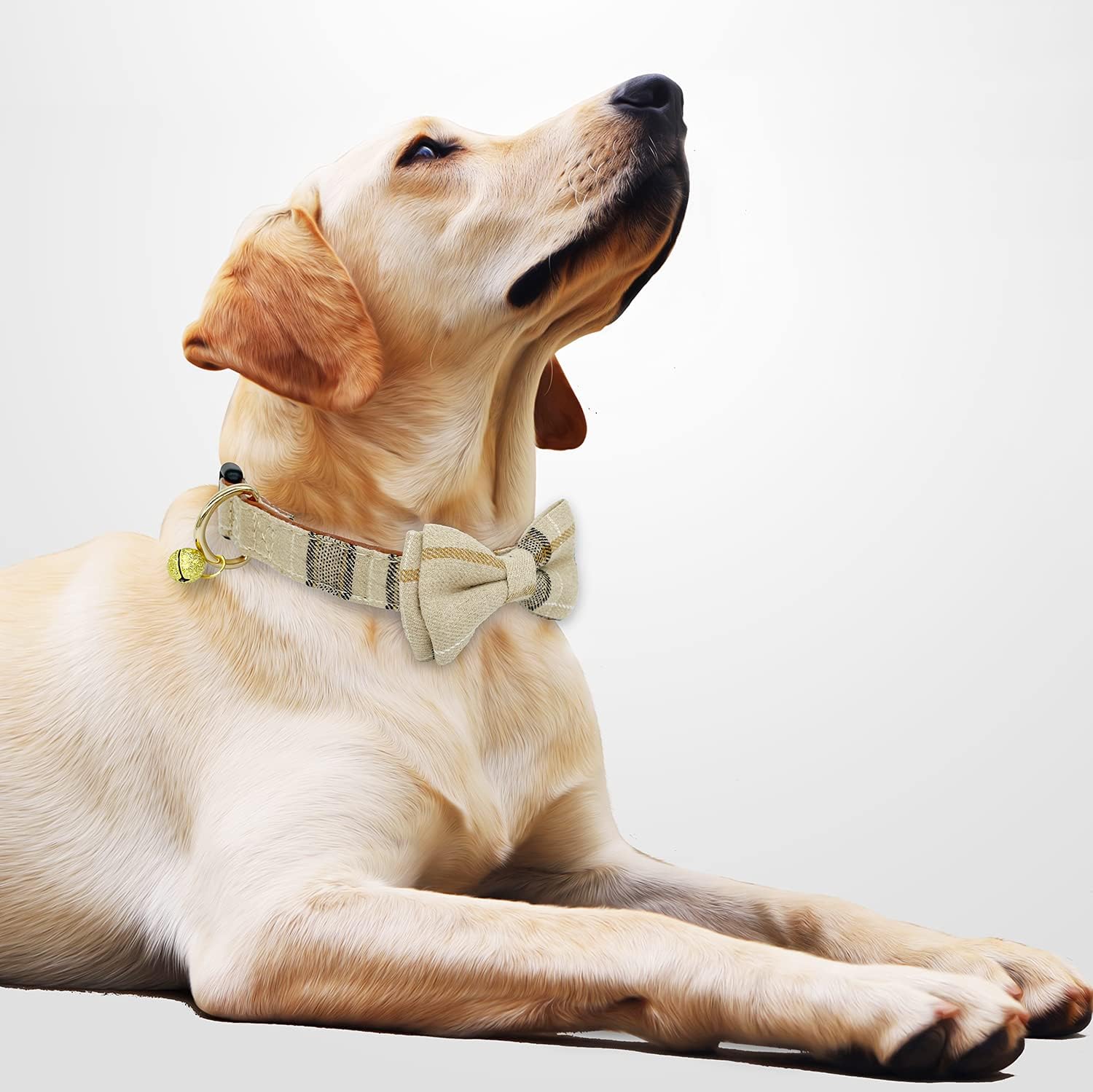 KUDES Plaid Dog Collar with Bow, 2 Pack/Set Adjustable Cute Dog Bow Tie Collars with Bell, Best Pet Gift for Small Medium Large Boy Male Dogs, Beige & Brown (S(9.6''-13.8''), Beige & Brown)