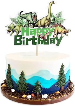 Ercadio 1Pack Wild Dinosaur Happy Birthday Cake Toppers, 24pcs 4 Designs Each, Realistic Dinosaur Happy Birthday Cake Picks with Tropical Leaves, Earth Tones