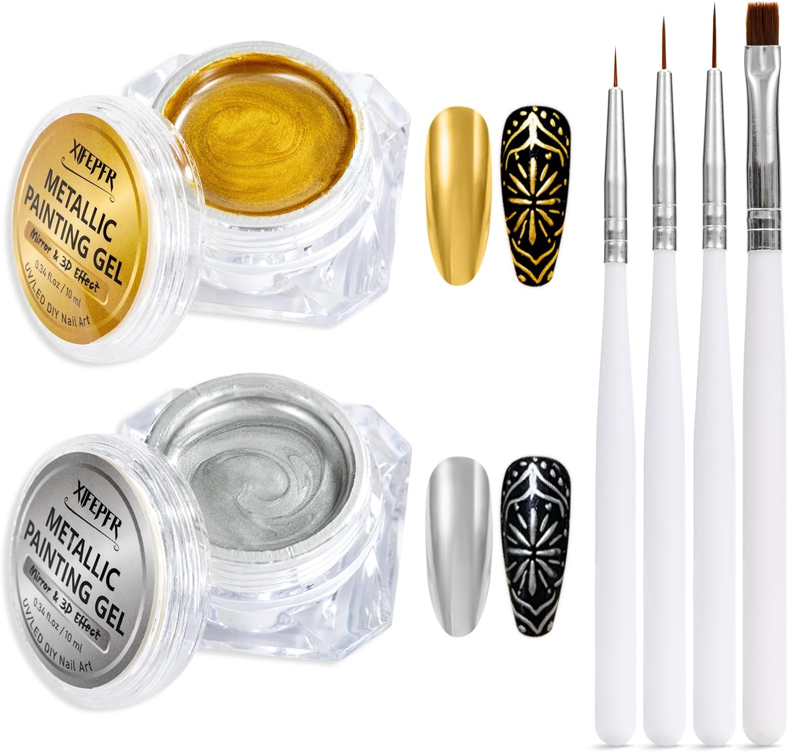 2x10ml Metallic Painting Gel, Silver Gold Painted Gel Nail Polish, 3D Metal Painting Gel, Mirror Nail Gel Polish Drawing Glossy Soak off UV/LED Nail Gel with 4pcs Nail Art Brushes