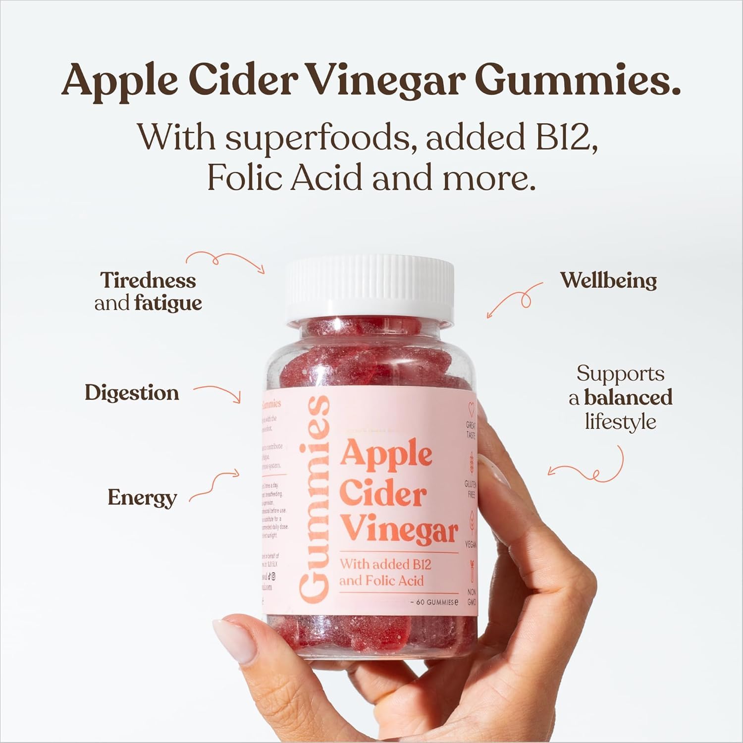 Gomitas de vinagre de sidra de manzana, ingredientes naturales para,2PCS | vitaminas y ácido fólico, con polvo de granada y remolacha apoyar el cabello, la piel y las uñas