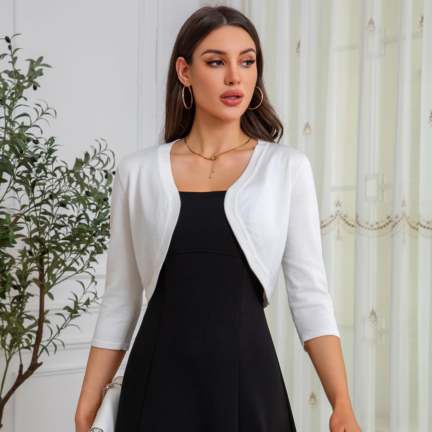 Women's Cropped 3/4 Sleeve Knit Cardigan - Open Front Bolero Shrug (White-M)