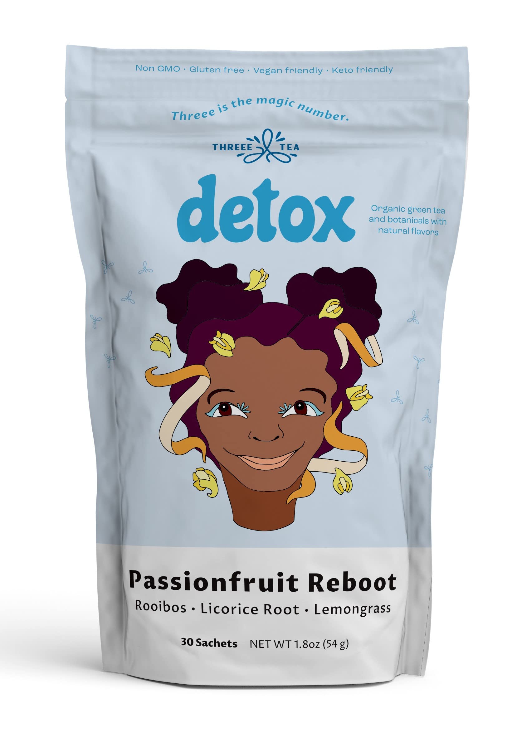 THREEE - Detox Tea (30 Tea Bags) Supports Liver Health, Radiant Skin, Boosts Energy, All Natural, Non GMO, Vegan, Keto Friendly Passionfruit Flavored Tea Detox for Body Cleanse