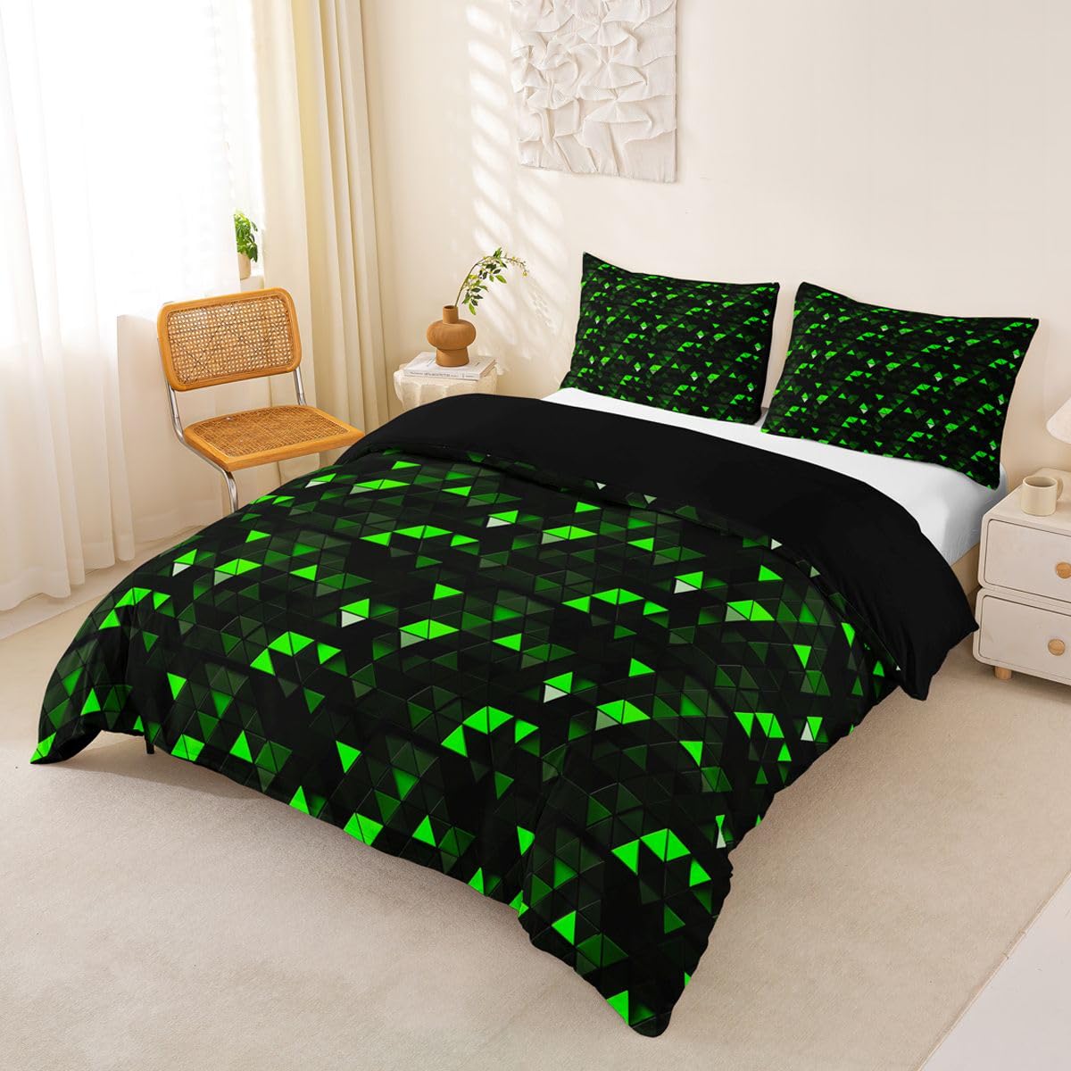 Homewish 3D abstrakcyjna geometryczna poszewka na kołdrę podwójny neonowy czarny zielony zestaw pościeli zielony czarny trójkąt poszewka na kołdrę nowoczesne geometryczne zestawy łóżek